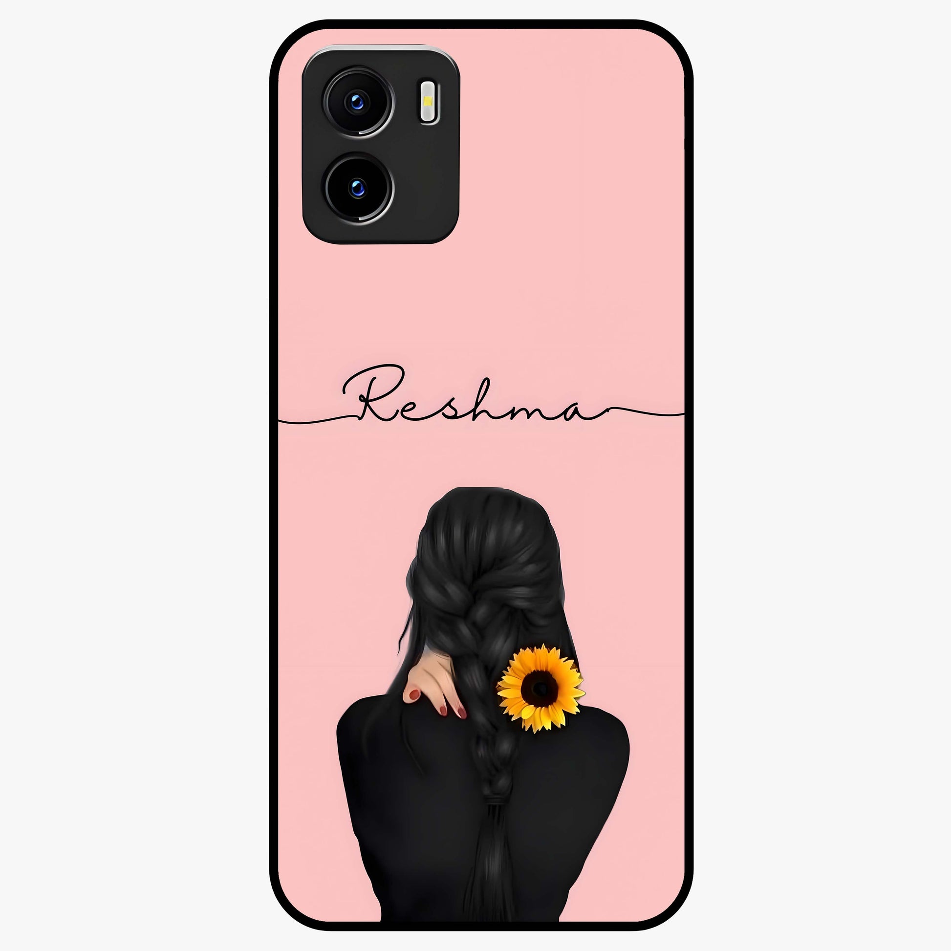 Sunflower Braid Beauty With Custom Name Glass Case showing flat back view with sunflower braid artwork and personalized name design.