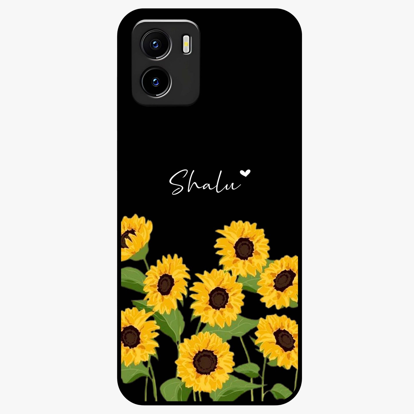 Sunflower Chic Mood Custom Name Glass Case showing flat back view with stylish sunflower artwork and personalized name design.