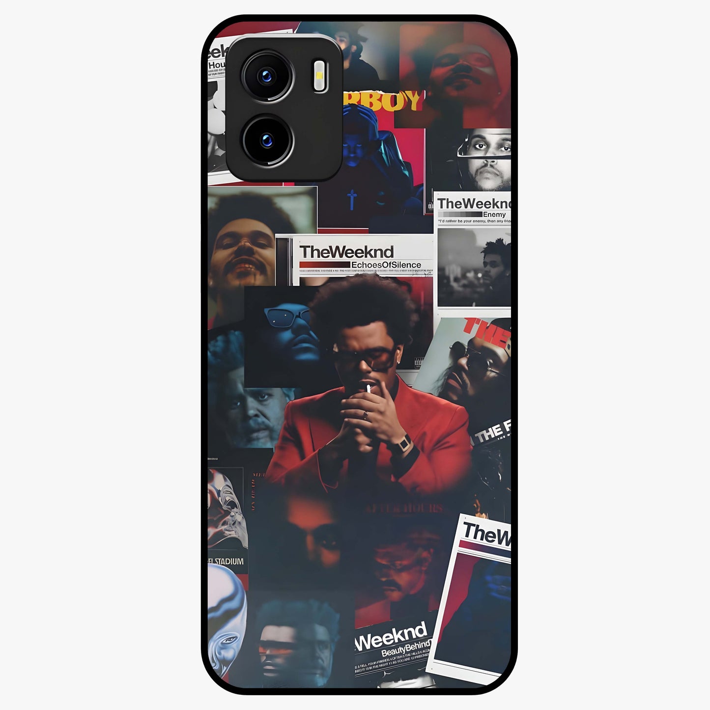 The Weeknd Glass Case showing flat back view with music inspired artistic portrait artwork and glossy glass finish.