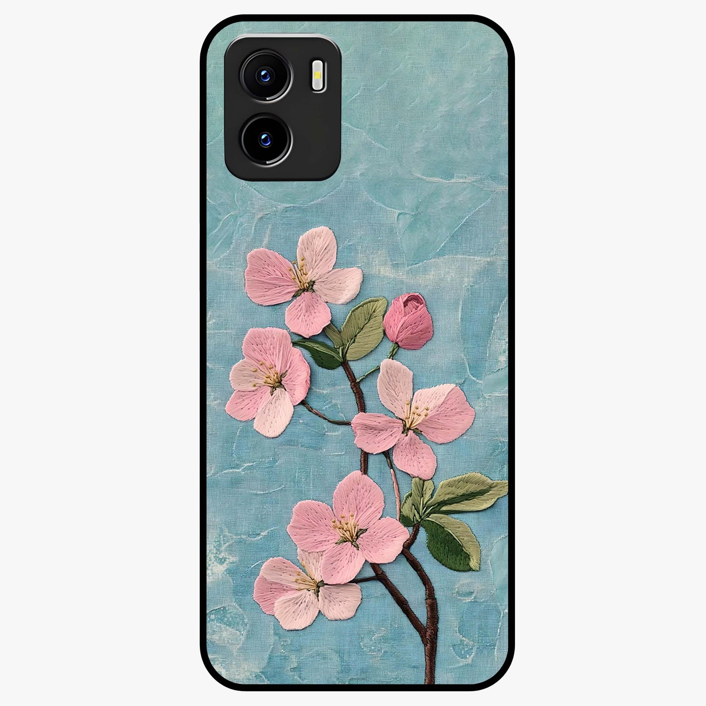 Threaded Blossom Breeze Glass Case showing flat back view with delicate blossom artwork and glossy glass finish.