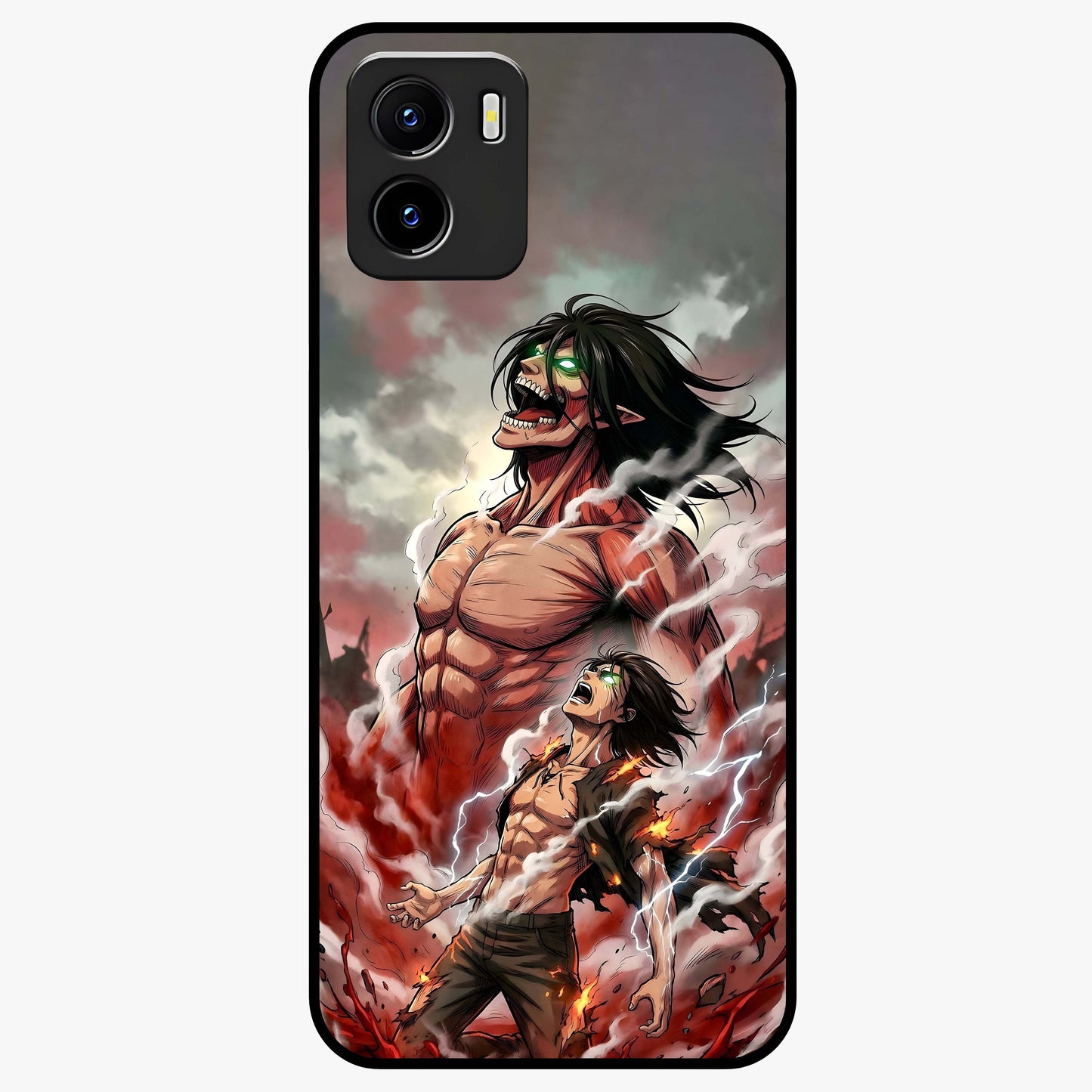 Titan Awakening Fury Glass Case showing flat back view with powerful titan inspired artwork and glossy glass finish.