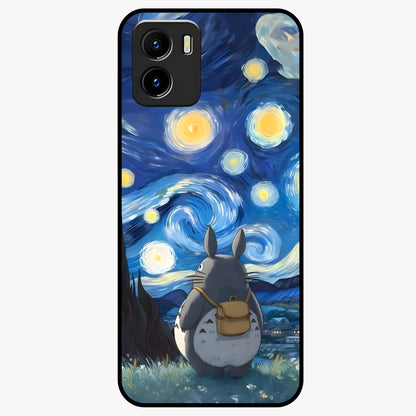 Totoro In Van Gogh Art Glass Case showing flat back view with whimsical character artwork inspired by Van Gogh style and glossy glass finish.