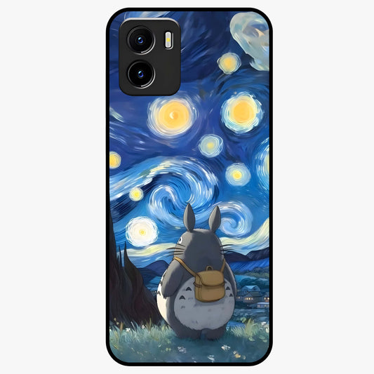 Totoro In Van Gogh Art Glass Case showing flat back view with whimsical character artwork inspired by Van Gogh style and glossy glass finish.