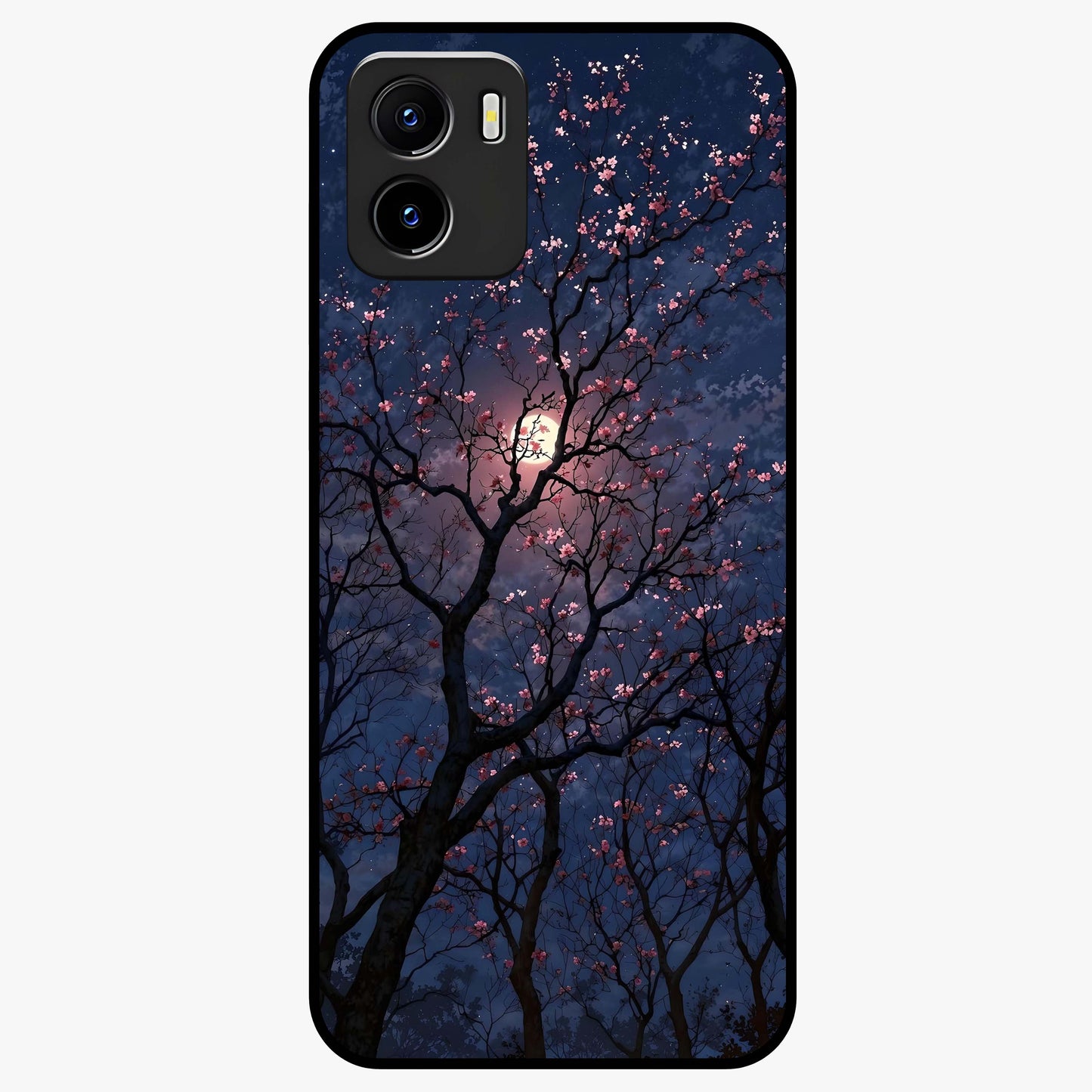 Twilight Sakura Serenade Glass Case showing flat back view with cherry blossom artwork at twilight and glossy glass finish.
