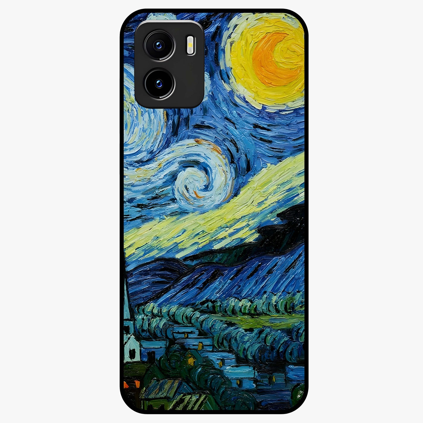 Van Gogh Art Glass Case showing flat back view with classic painterly artwork inspired by Van Gogh style and glossy glass finish.