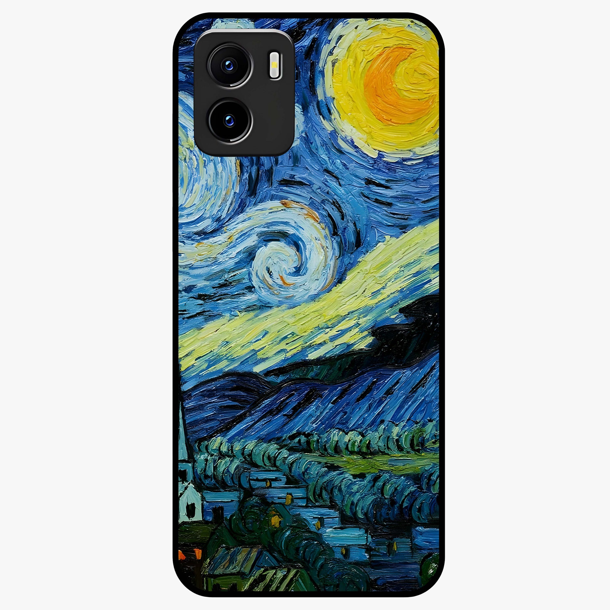 Van Gogh Art Glass Case showing flat back view with classic painterly artwork inspired by Van Gogh style and glossy glass finish.