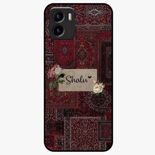 Velvet Wine Pattern Custom Name Glass Case showing flat back view with elegant wine colored pattern artwork and personalized name design.
