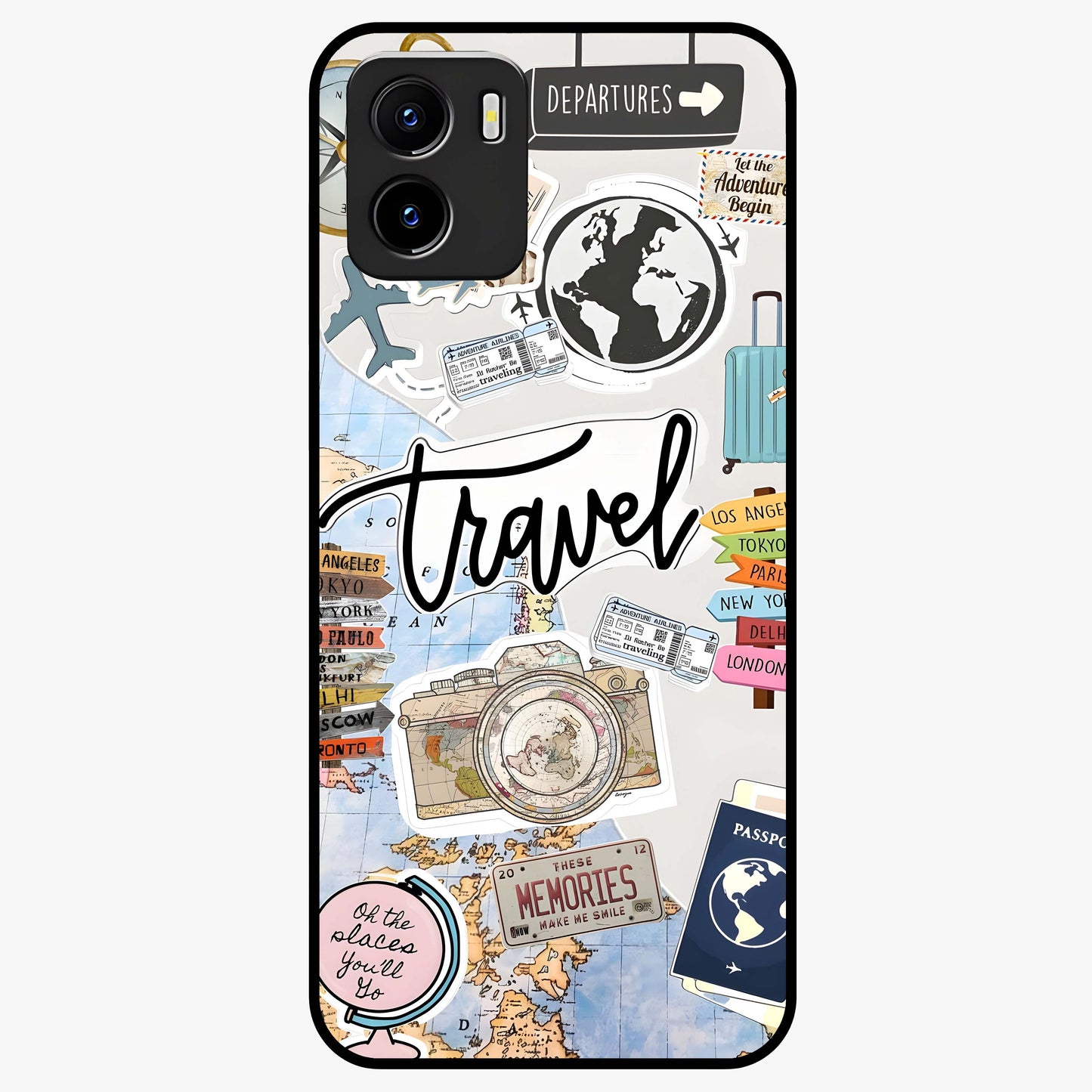 Wanderlust Journal Glass Case showing flat back view with travel inspired artwork and glossy glass finish.