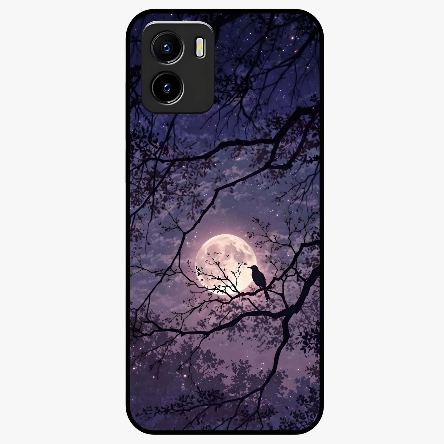 Whispering Moon Silence Glass Case showing flat back view with serene moon themed artwork and glossy glass finish.