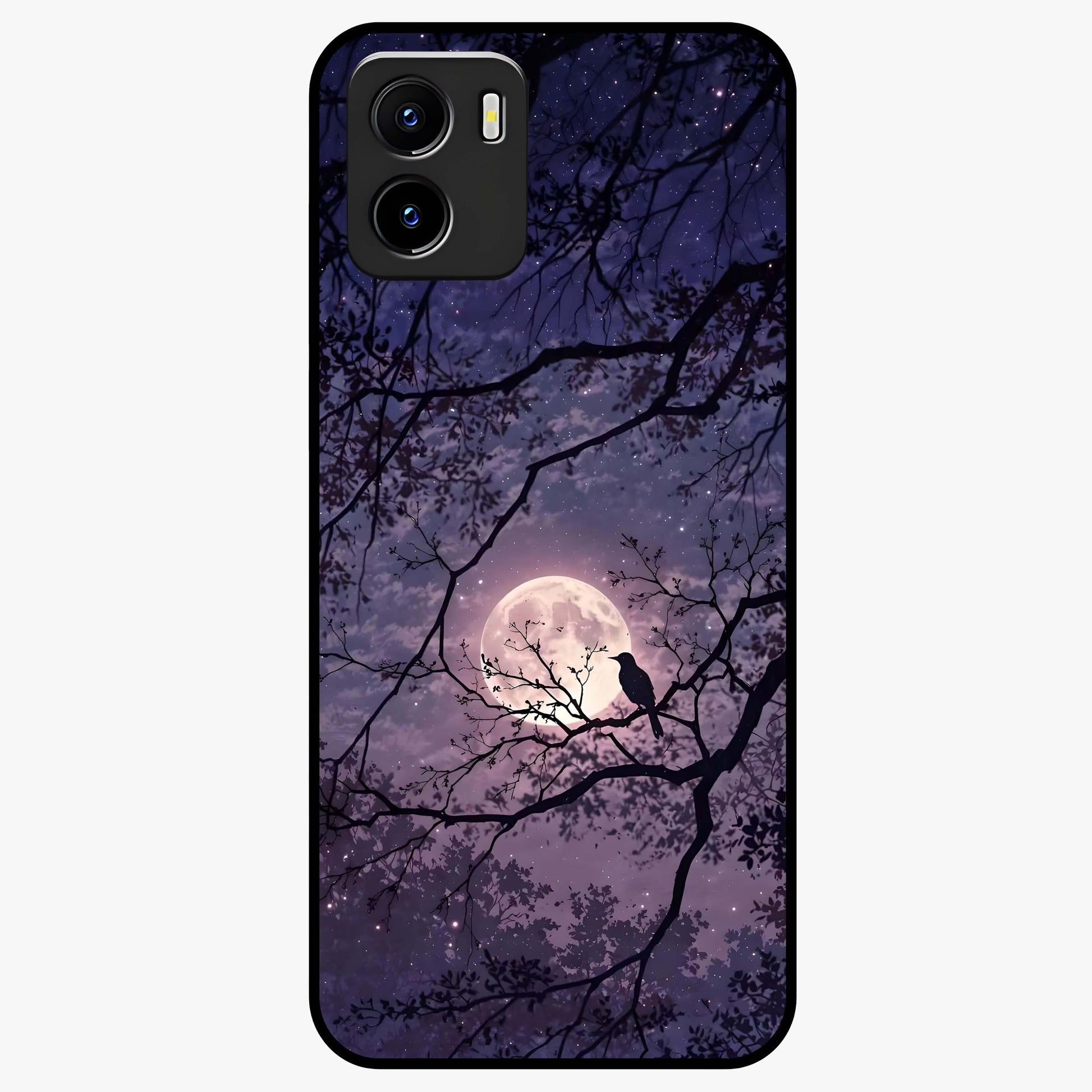 Whispering Moon Silence Glass Case showing flat back view with serene moon themed artwork and glossy glass finish.