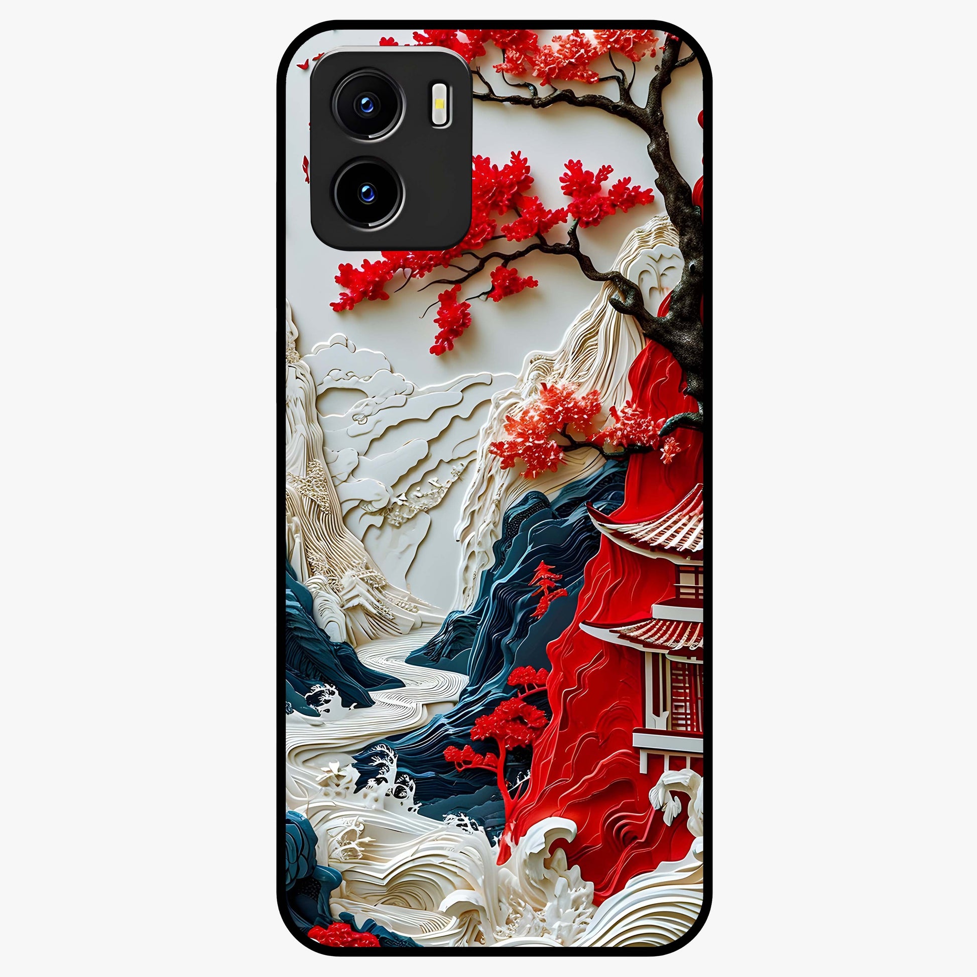 Whispers Of Sakura Waves Glass Case showing flat back view with cherry blossom wave artwork and glossy glass finish.