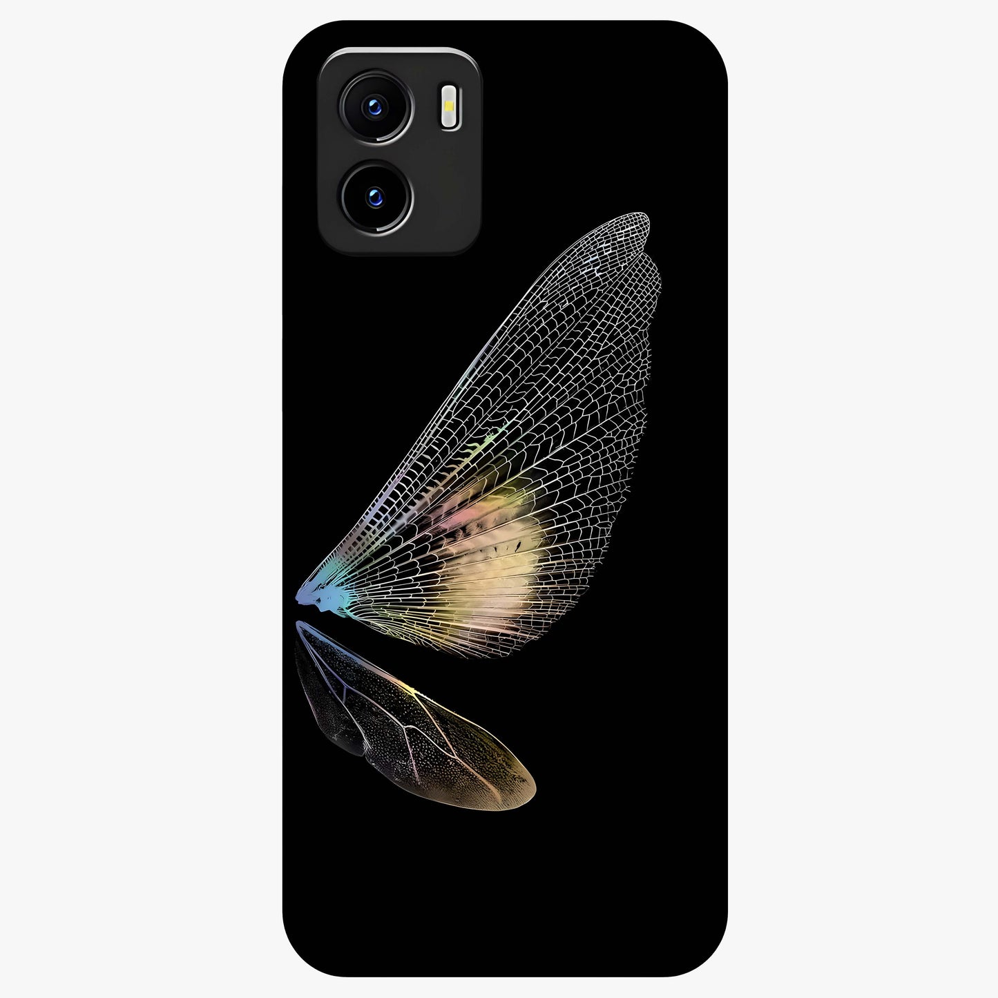 Whispers Of Wings Glass Case showing flat back view with graceful wing inspired artwork and glossy glass finish.