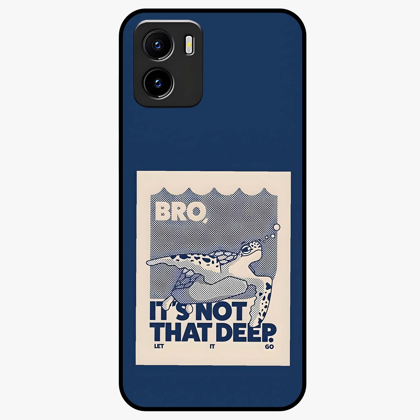 Worry Less Swim Glass Case showing flat back view with playful motivational artwork and glossy glass finish.