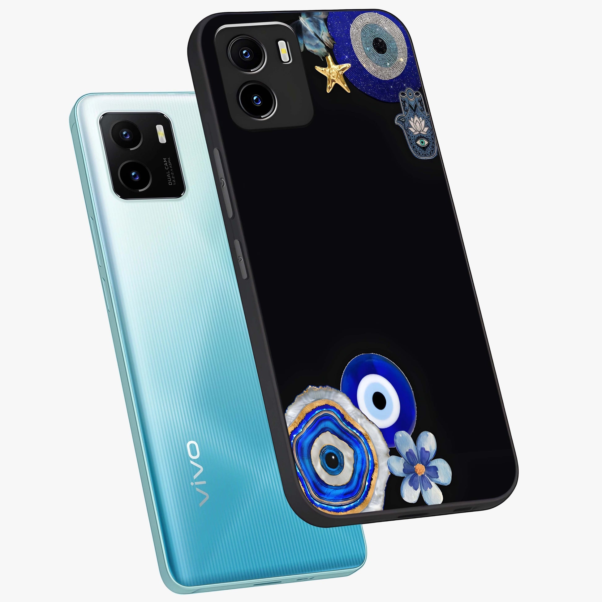 Aesthetic Blue Evil Eye Glass Case displayed in angled mockup highlighting blue evil eye symbol and spiritual aesthetic design.