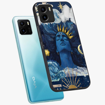 Aesthetic Lord Shiva Glass Case displayed in angled mockup highlighting spiritual Shiva illustration and sacred aesthetic design.