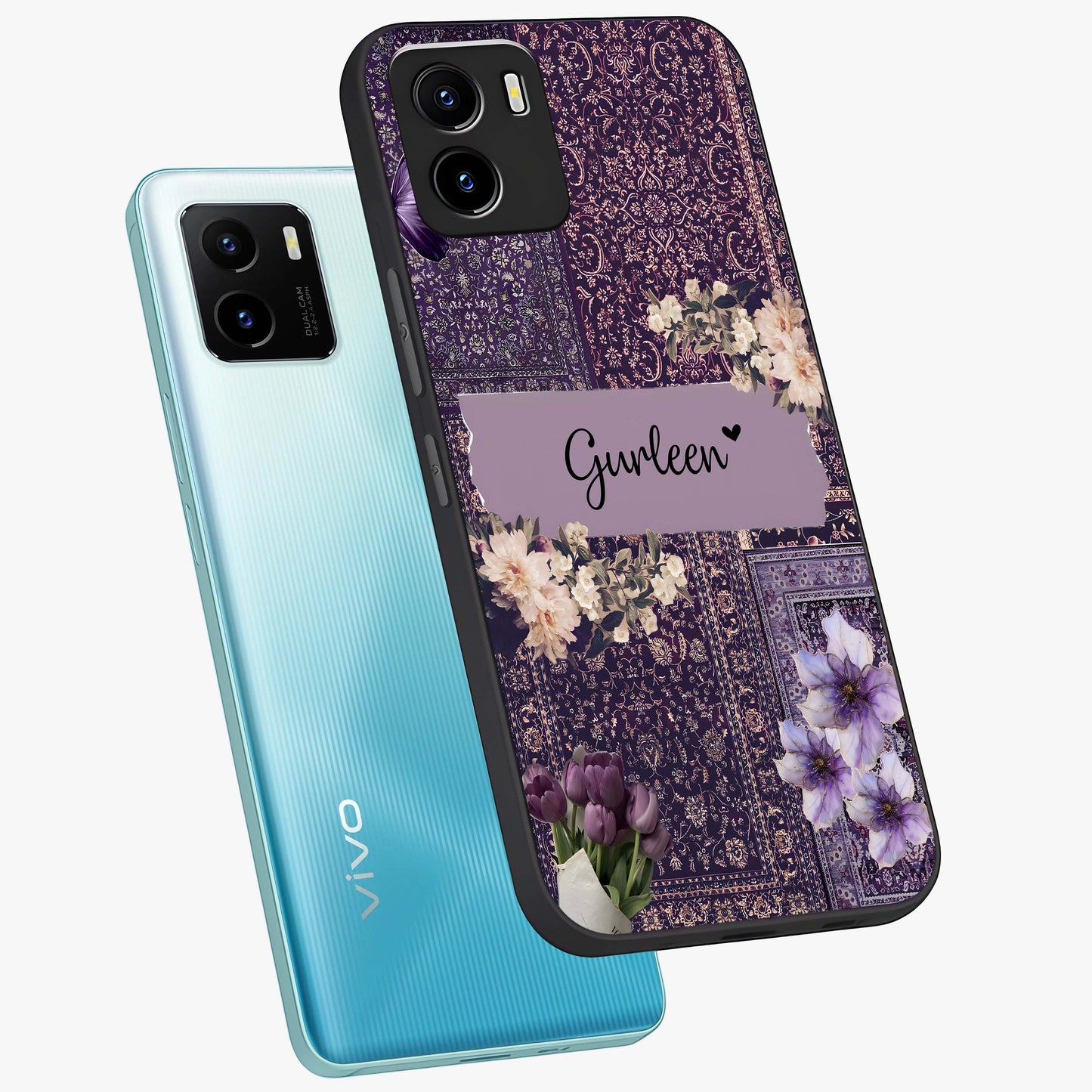 Antique Floral Whisper Custom Name Glass Case displayed in angled mockup highlighting elegant antique floral aesthetic.