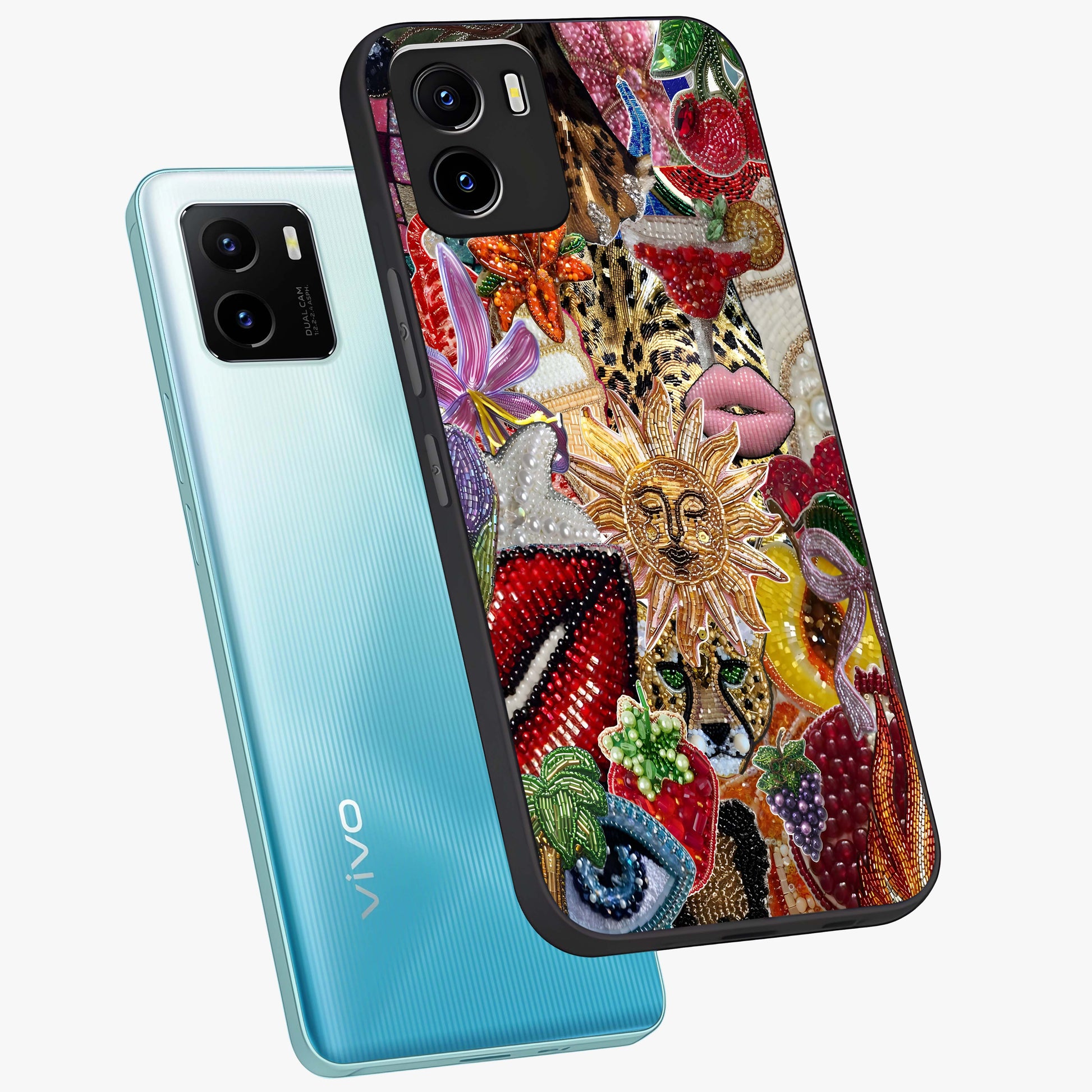 Beaded Fashion Jungle Glass Case displayed in angled mockup highlighting colorful fashion bead design and artistic pattern.