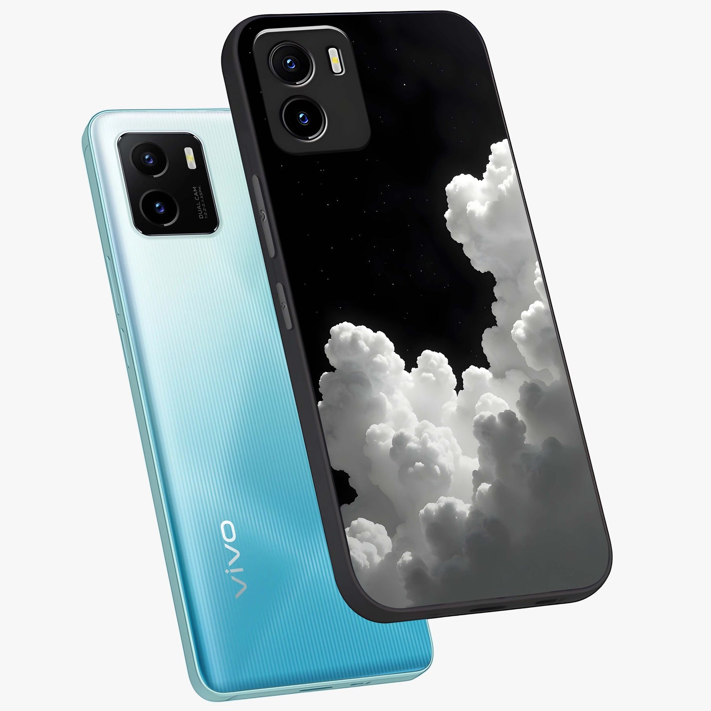 Black Background With White Cloud Glass Case displayed in angled mockup highlighting soft white cloud illustration and minimal design.
