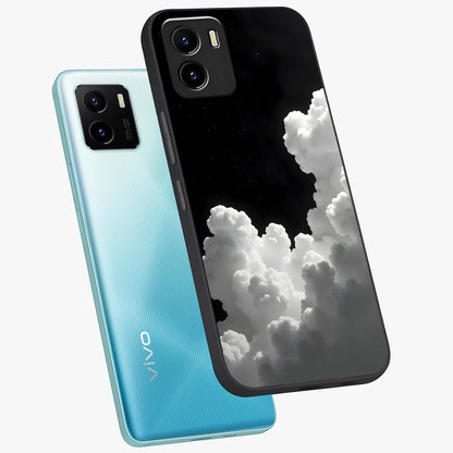 Black Background With White Cloud Glass Case displayed in angled mockup highlighting soft white cloud illustration and minimal design.