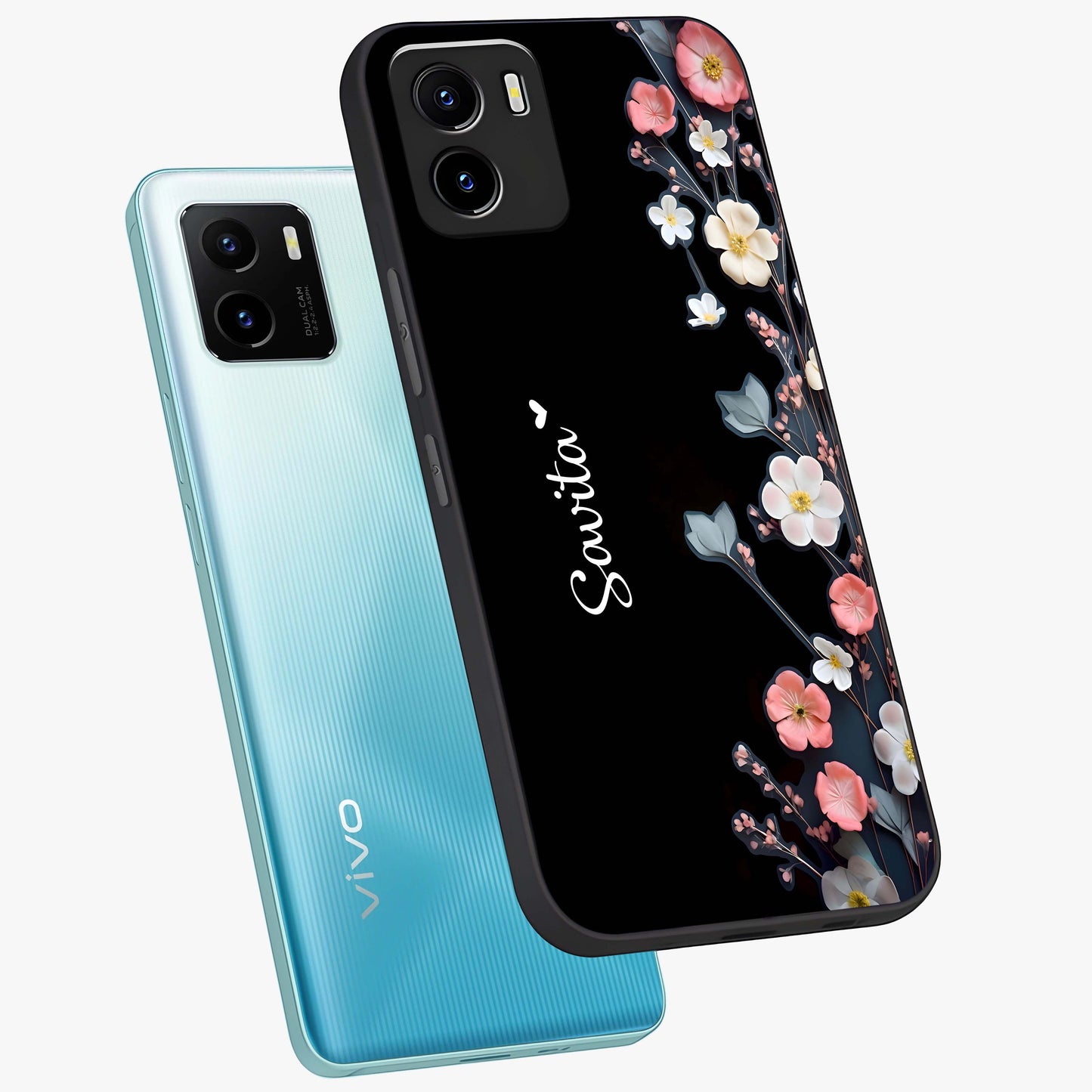 Black Elegance Floral Custom Name Glass Case displayed in angled mockup highlighting dark floral aesthetic and custom name feature.