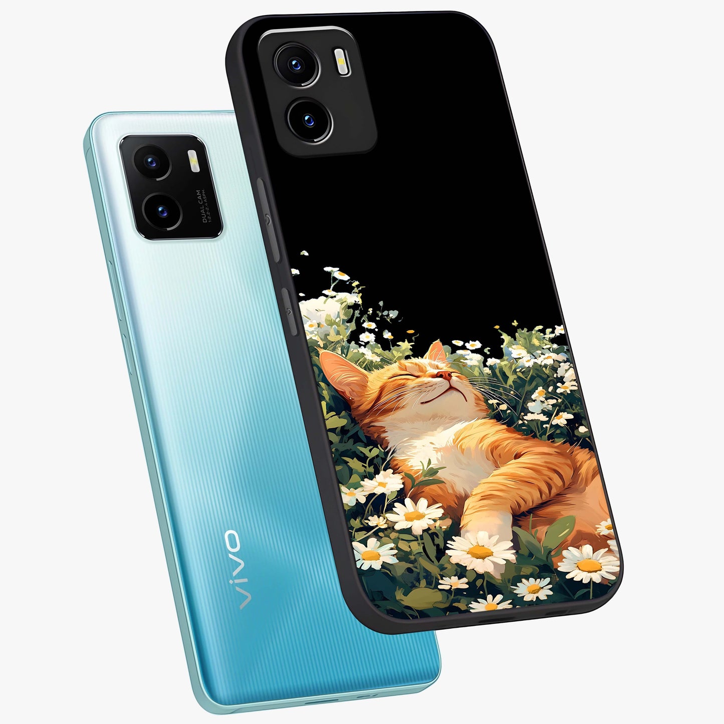 Blissful Bloom Cat Glass Case displayed in angled mockup highlighting playful feline illustration with soft floral aesthetic.
