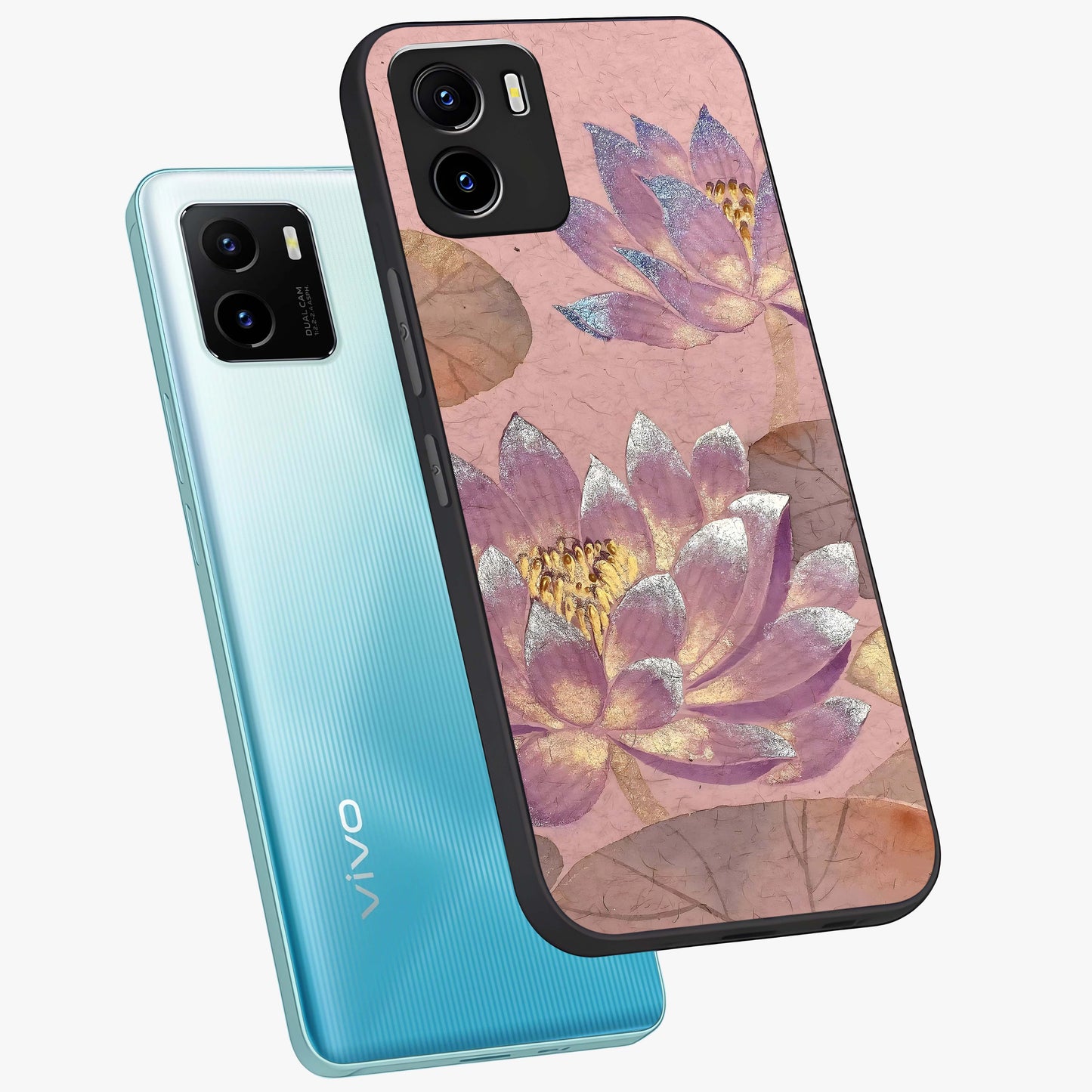 Blossom Mist Lotus Glass Case displayed in angled mockup highlighting delicate lotus illustration with calm aesthetic theme.
