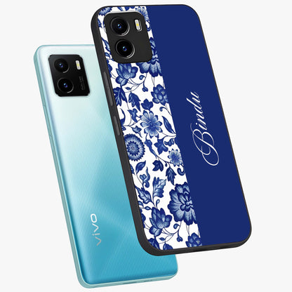 Blue Vintage Floral Pattern Glass Case displayed in angled mockup highlighting subtle bloom pattern with aesthetic pastel design.