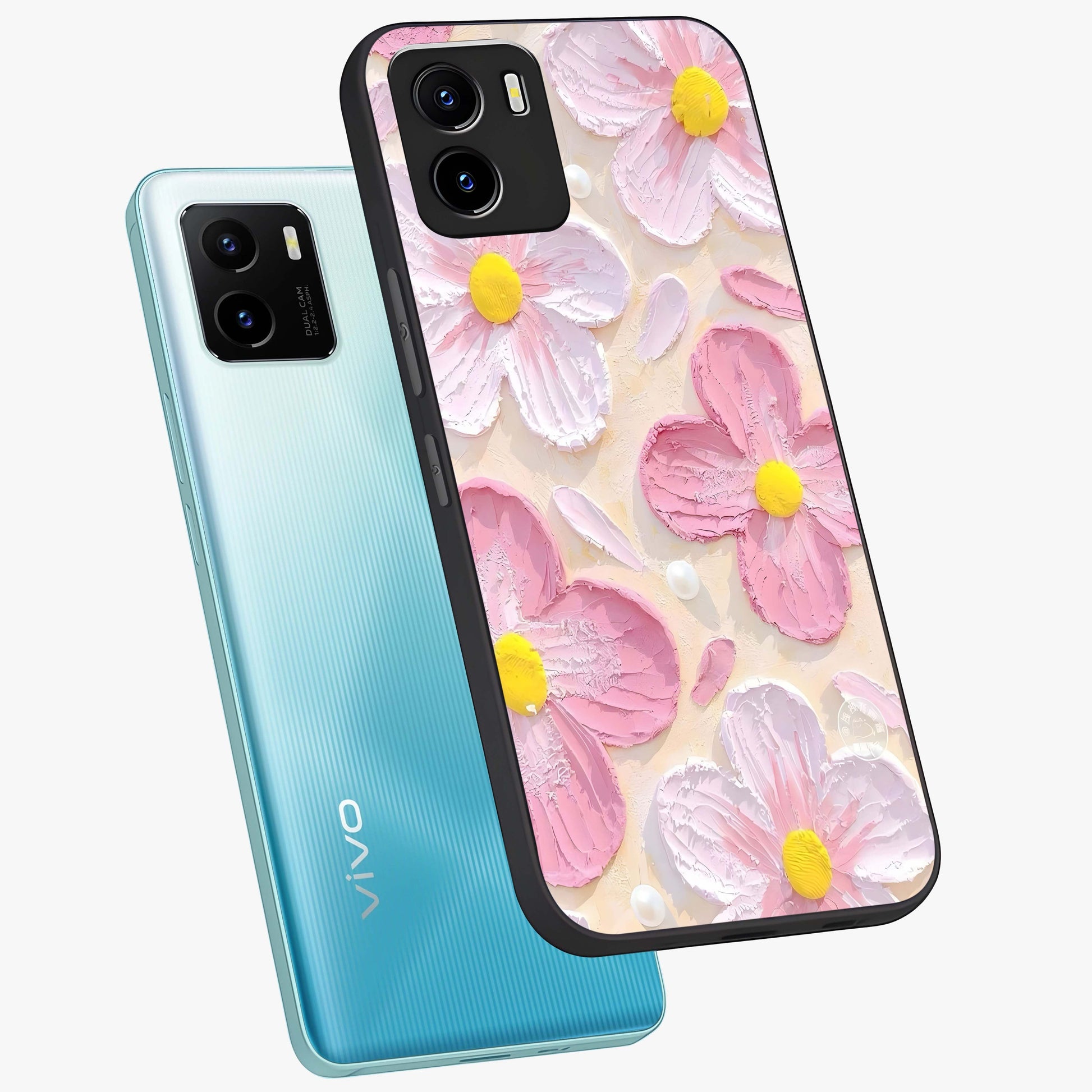 Blush Bloom Texture Glass Case displayed in angled mockup highlighting subtle bloom pattern with aesthetic pastel design.