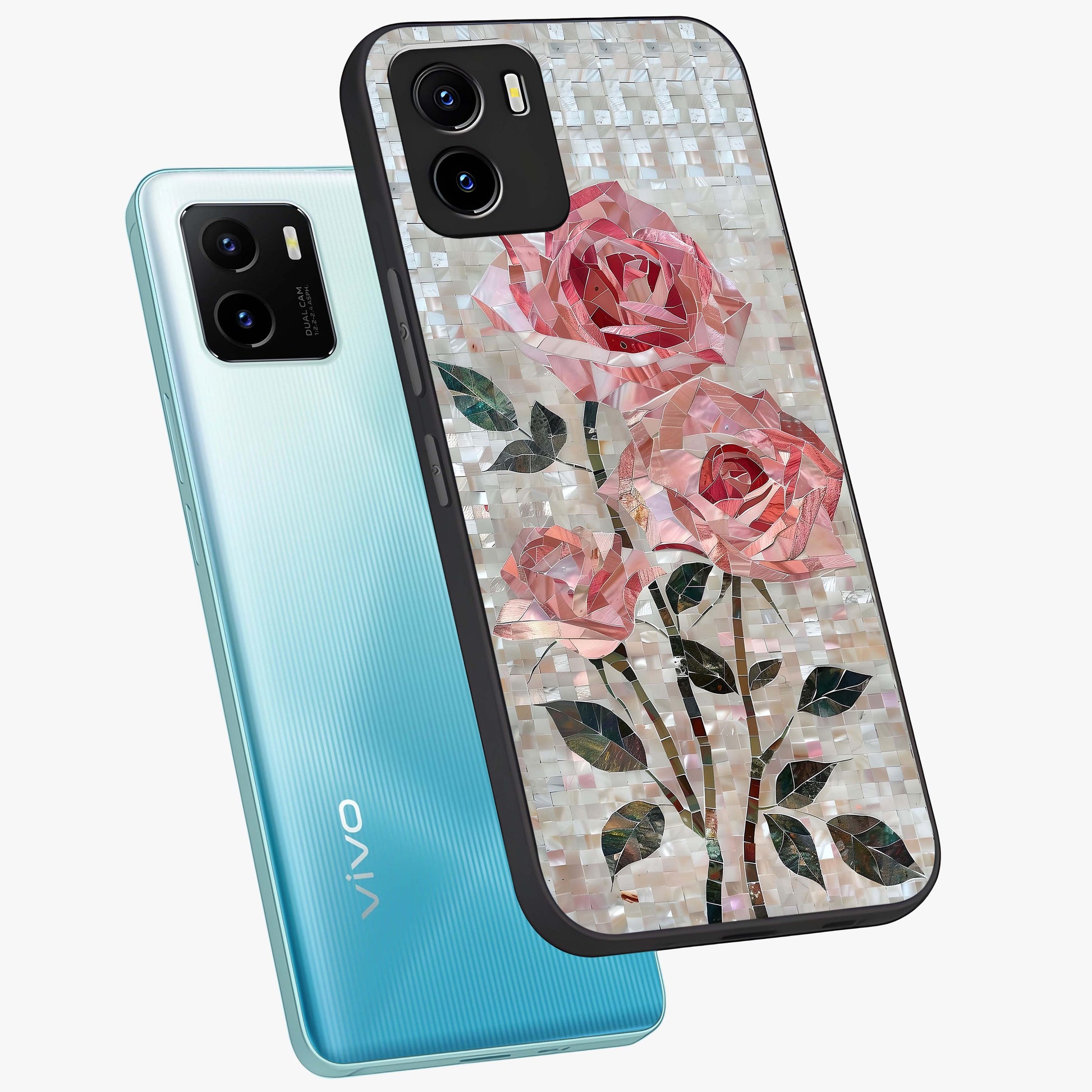 Blush Mosaic Bloom Glass Case displayed in angled mockup highlighting artistic mosaic flower pattern with aesthetic design.