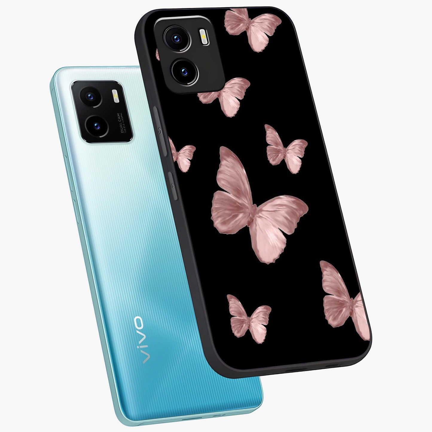 Butterfly Pattern Glass Case displayed in angled mockup highlighting delicate butterfly design and aesthetic pattern style.