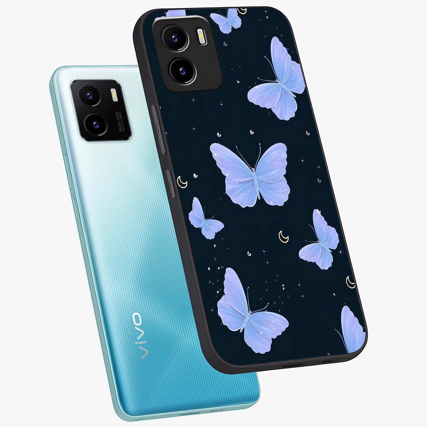 Butterfly With Stars Pattern Glass Case displayed in angled mockup highlighting dreamy butterfly and star design with aesthetic theme.