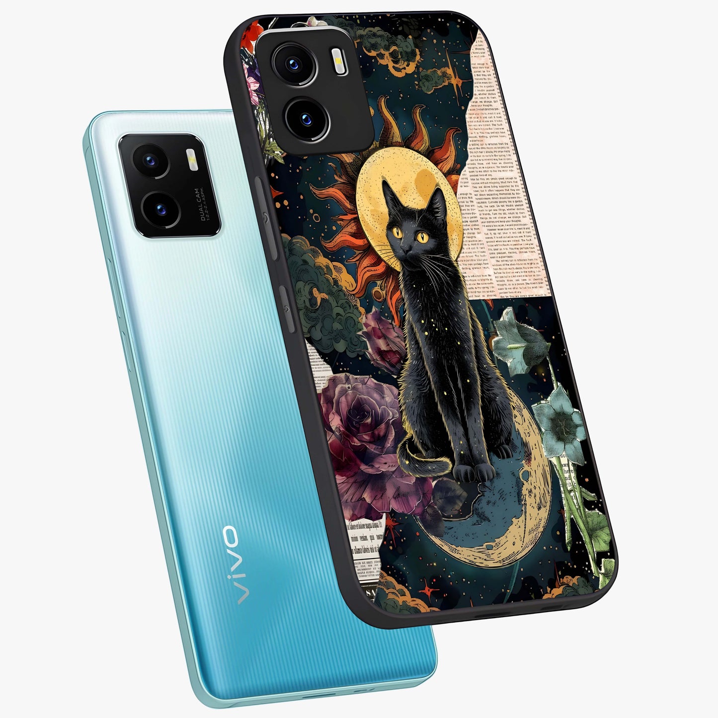 Celestial Black Cat Glass Case displayed in angled mockup highlighting cosmic black cat design with celestial aesthetic.