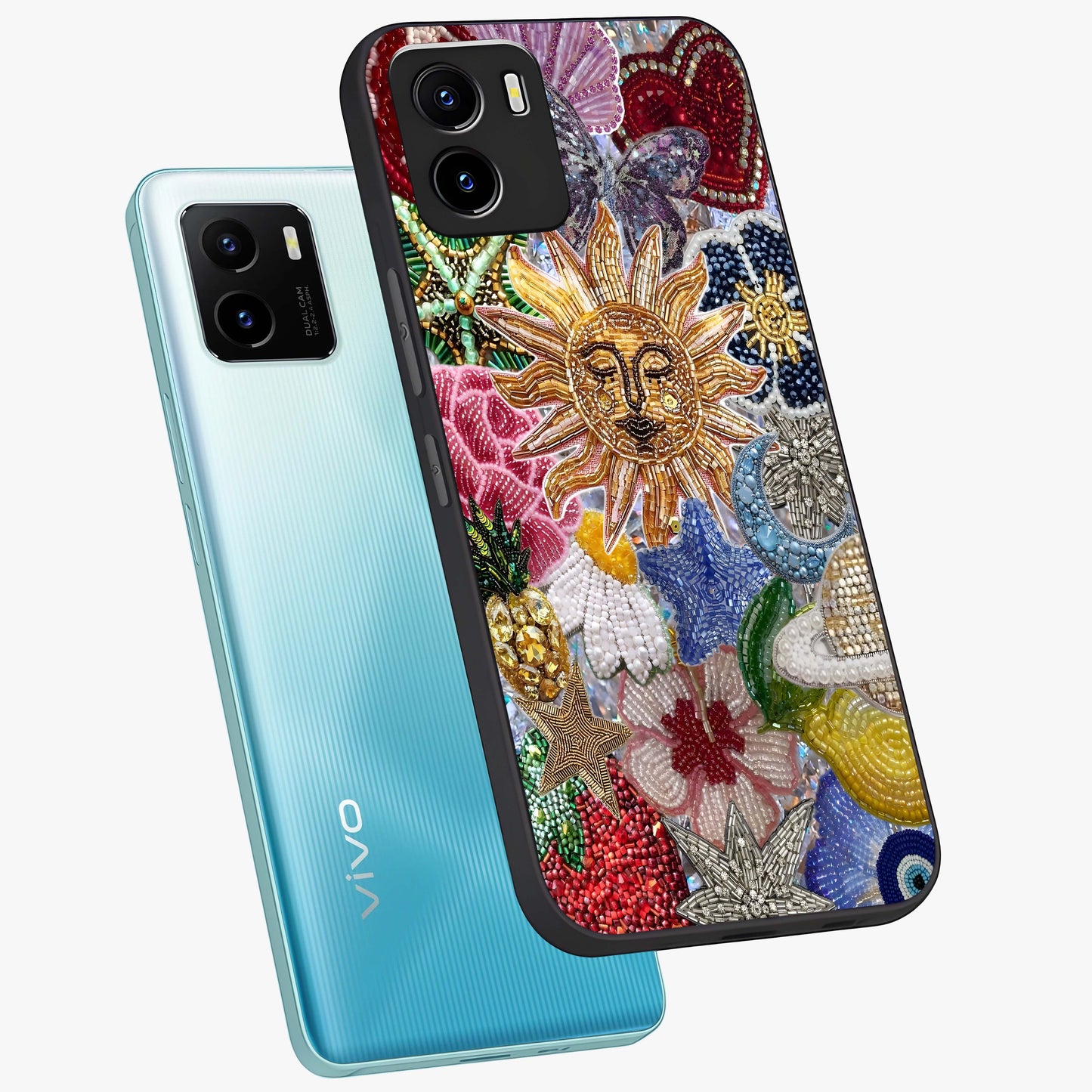 Celestial Floral and Playful Glass Case displayed in angled mockup highlighting playful floral design with dreamy celestial elements.
