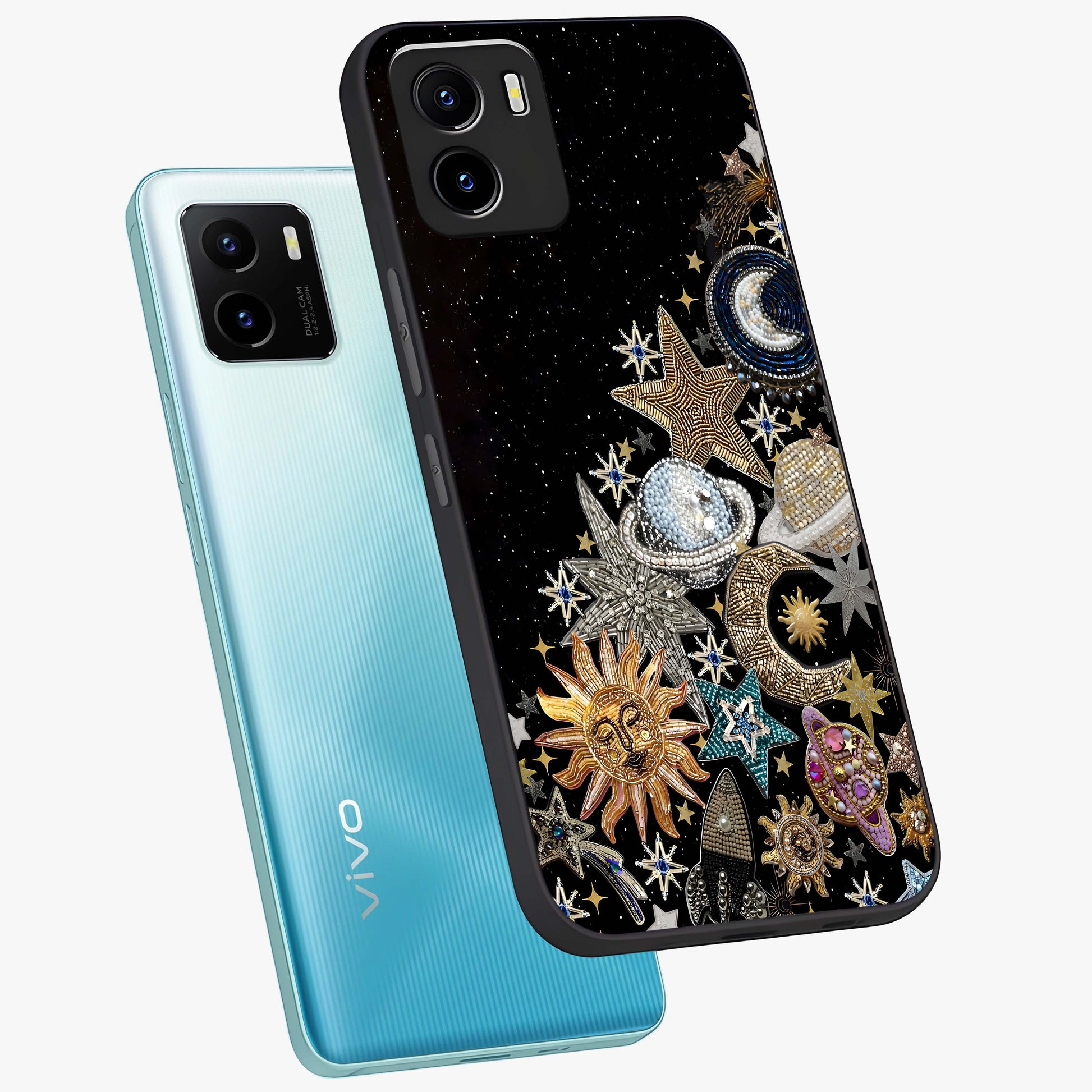 Cosmic Sparkle Dreams Glass Case displayed in angled mockup highlighting dreamy star sparkle design with celestial aesthetic.