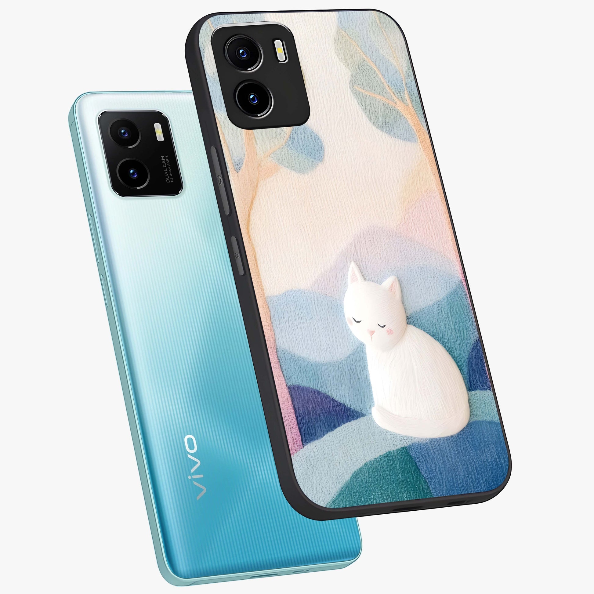 Cotton Dream Cat Glass Case displayed in angled mockup highlighting cute feline illustration with pastel aesthetic style.