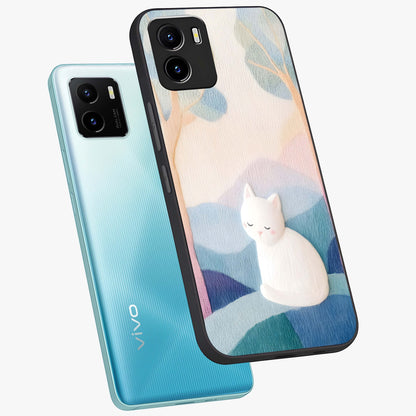 Cotton Dream Cat Glass Case displayed in angled mockup highlighting cute feline illustration with pastel aesthetic style.