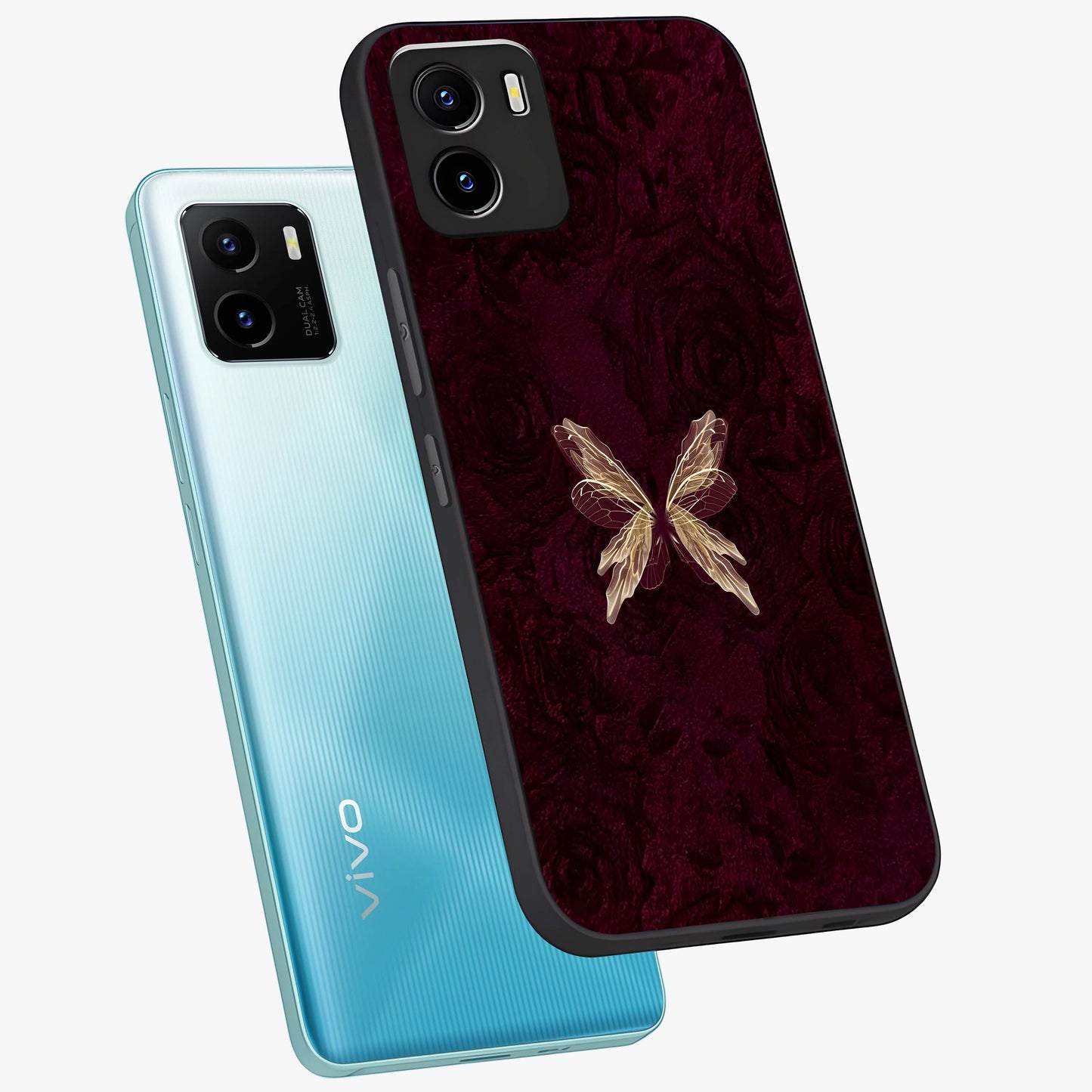 Crimson Fade Butterfly Glass Case displayed in angled mockup highlighting elegant butterfly design with crimson gradient aesthetic.