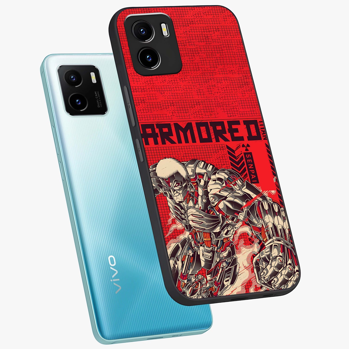 Crimson Mecha Titan Glass Case displayed in angled mockup highlighting futuristic mech illustration with bold crimson aesthetic.