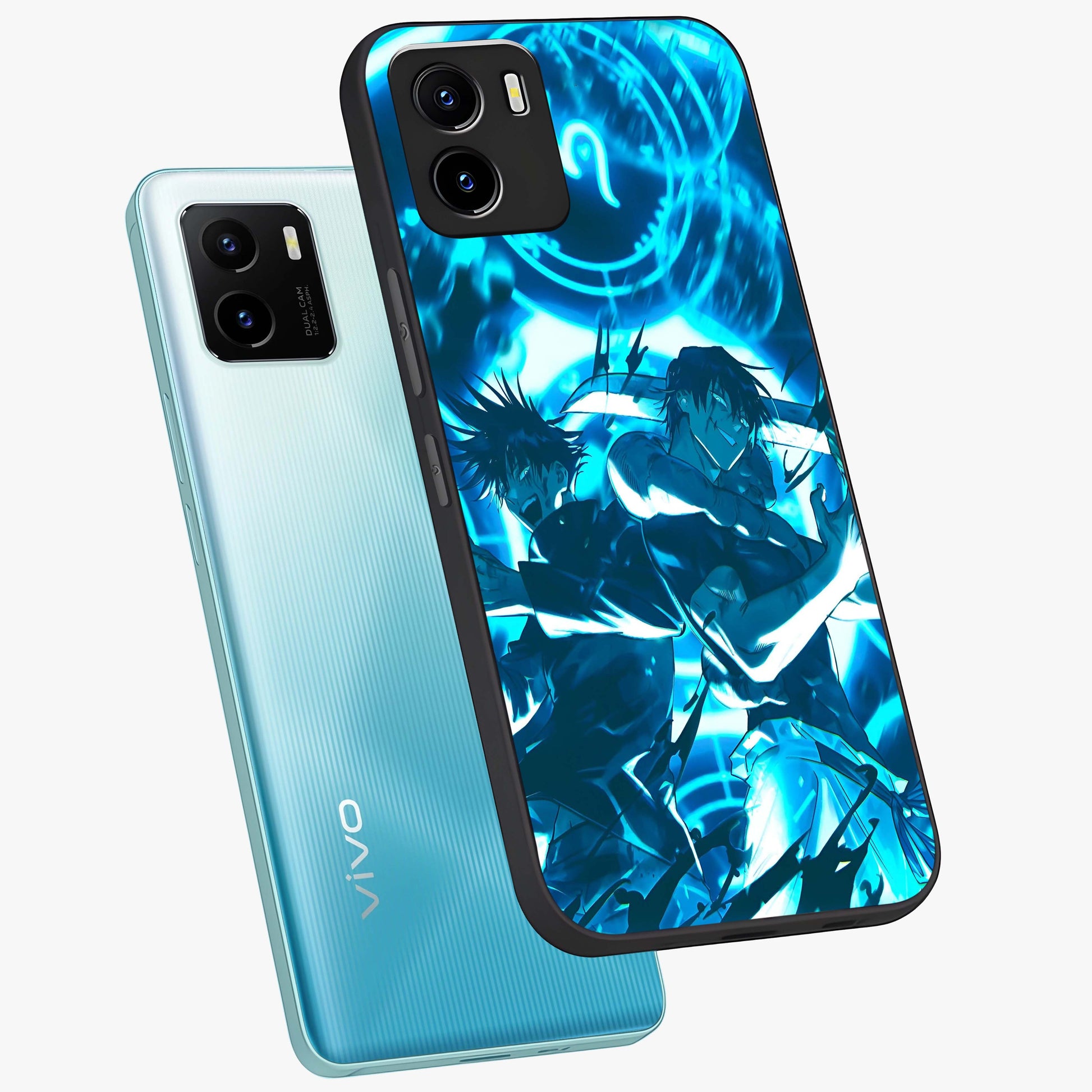 Cursed Energy Clash Glass Case displayed in angled mockup highlighting powerful battle inspired graphic with anime style aesthetic.