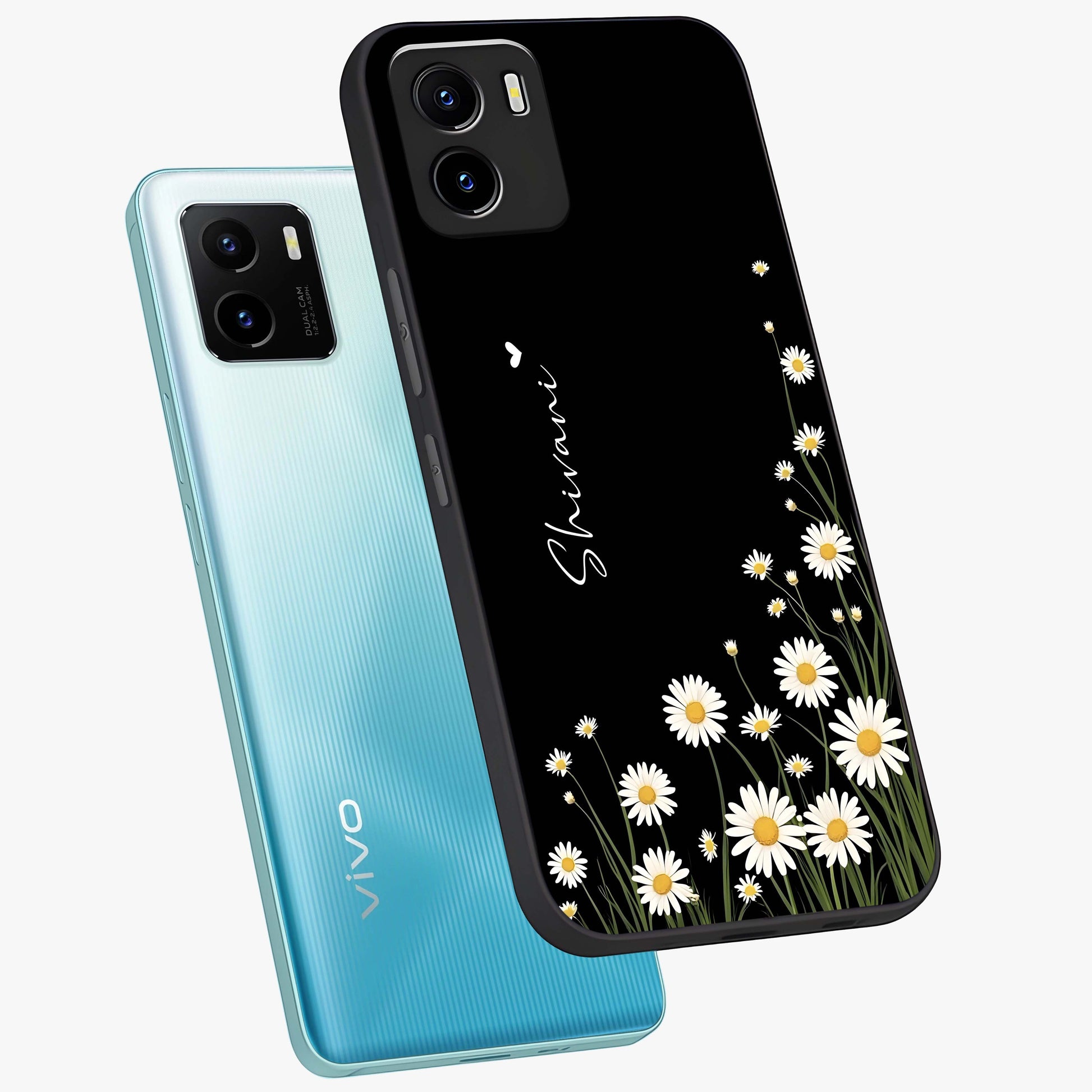 Daisy Cascade Custom Name Glass Case displayed in angled mockup highlighting delicate daisy artwork with custom name feature.