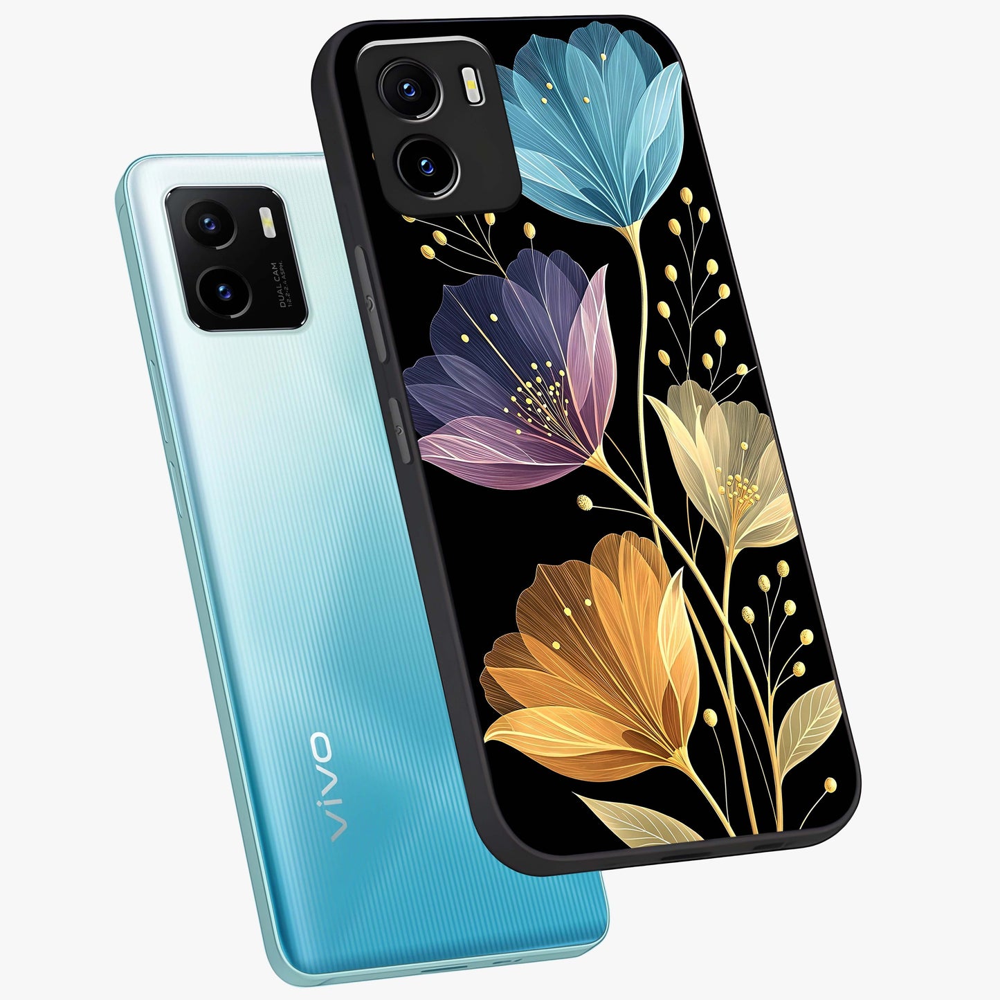Delicate Multicolor Flowers Glass Case displayed in angled mockup highlighting colorful flower pattern with soft aesthetic style.