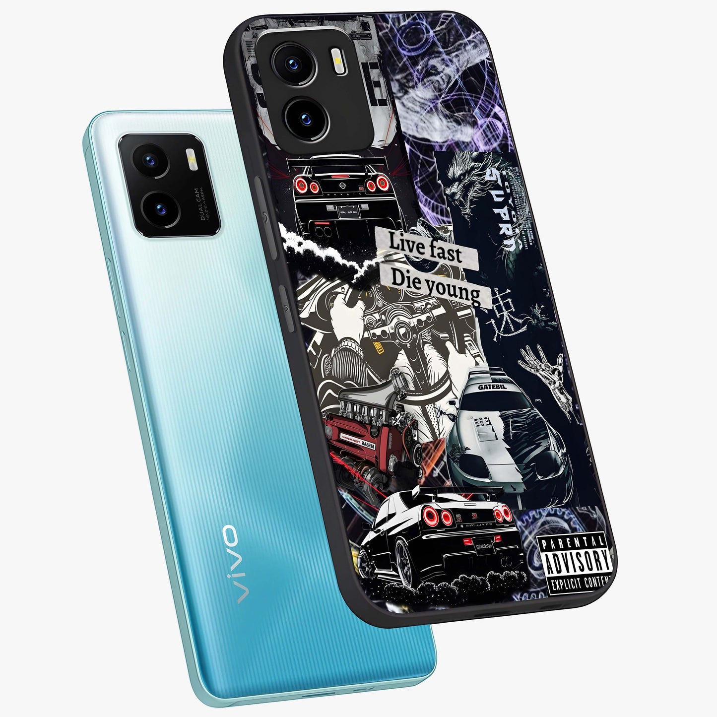 Die Young Glass Case displayed in angled mockup highlighting expressive graphic artwork with edgy aesthetic style.