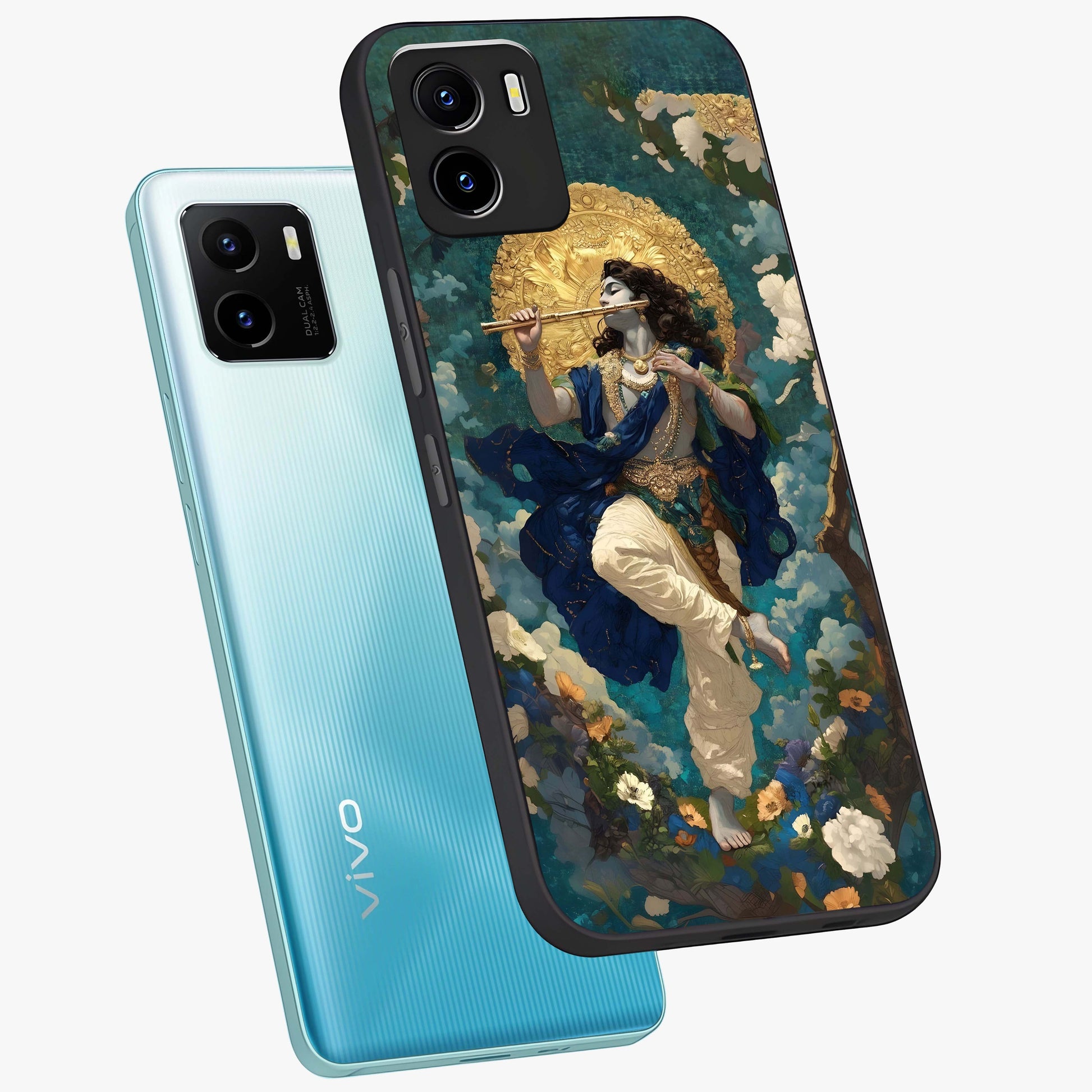 Divine Krishna Art Glass Case displayed in angled mockup highlighting spiritual Krishna illustration with devotional aesthetic.