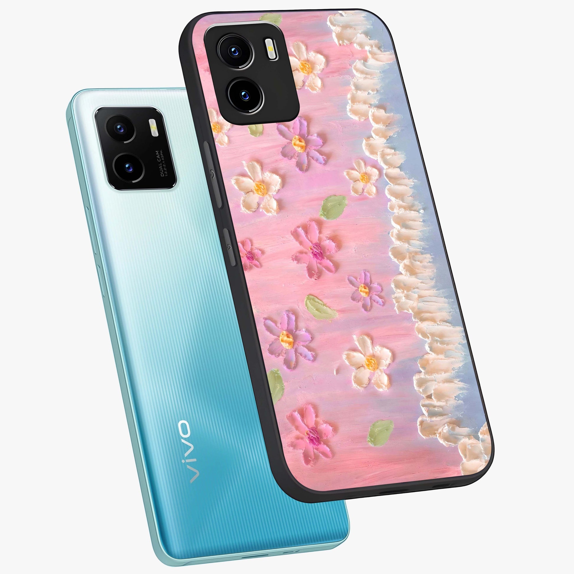 Dreamy Painted Garden Glass Case displayed in angled mockup highlighting colorful garden illustration with dreamy aesthetic style.