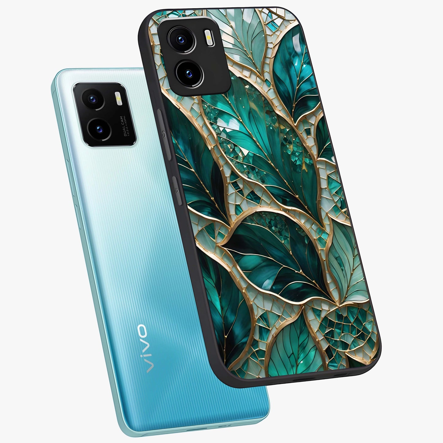 Emerald Leaf Glass Glass Case displayed in angled mockup highlighting botanical leaf illustration with elegant natural aesthetic.