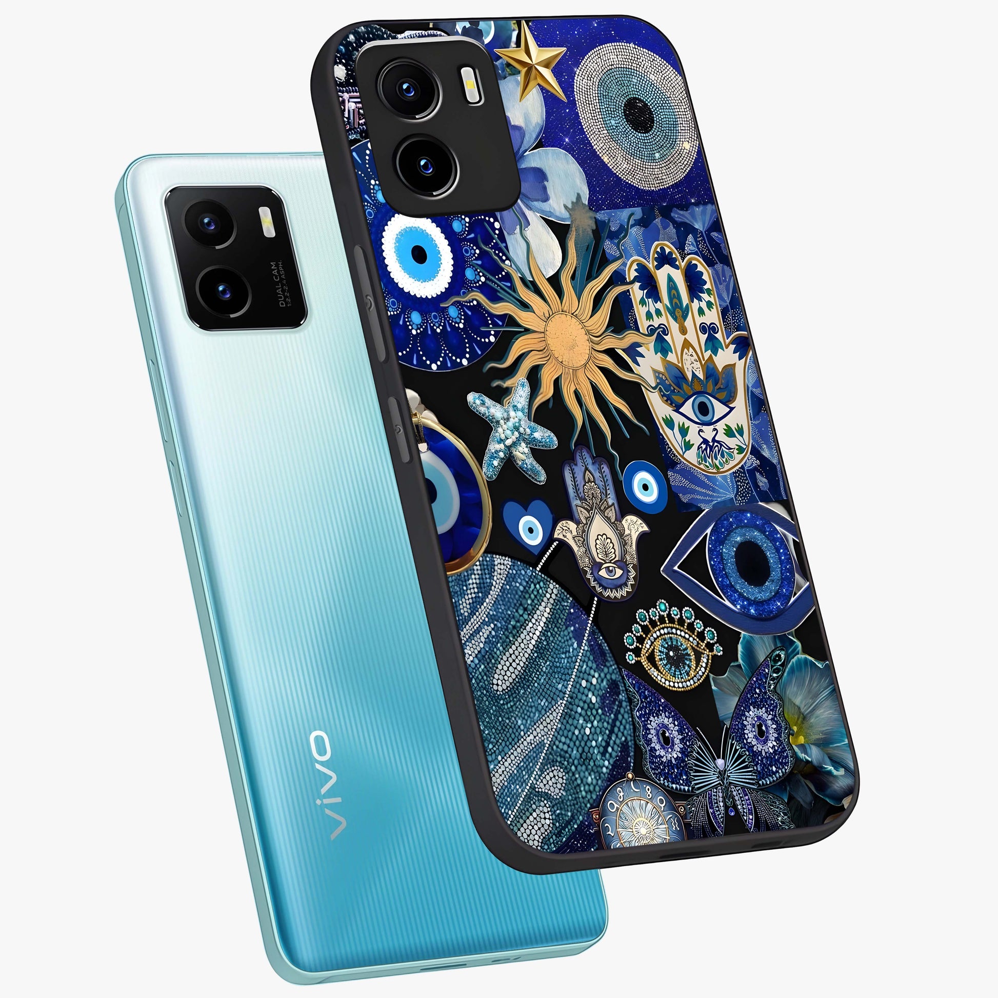 Evil Eye Charm Mix Glass Case displayed in angled mockup highlighting protective evil eye symbols with spiritual aesthetic design.