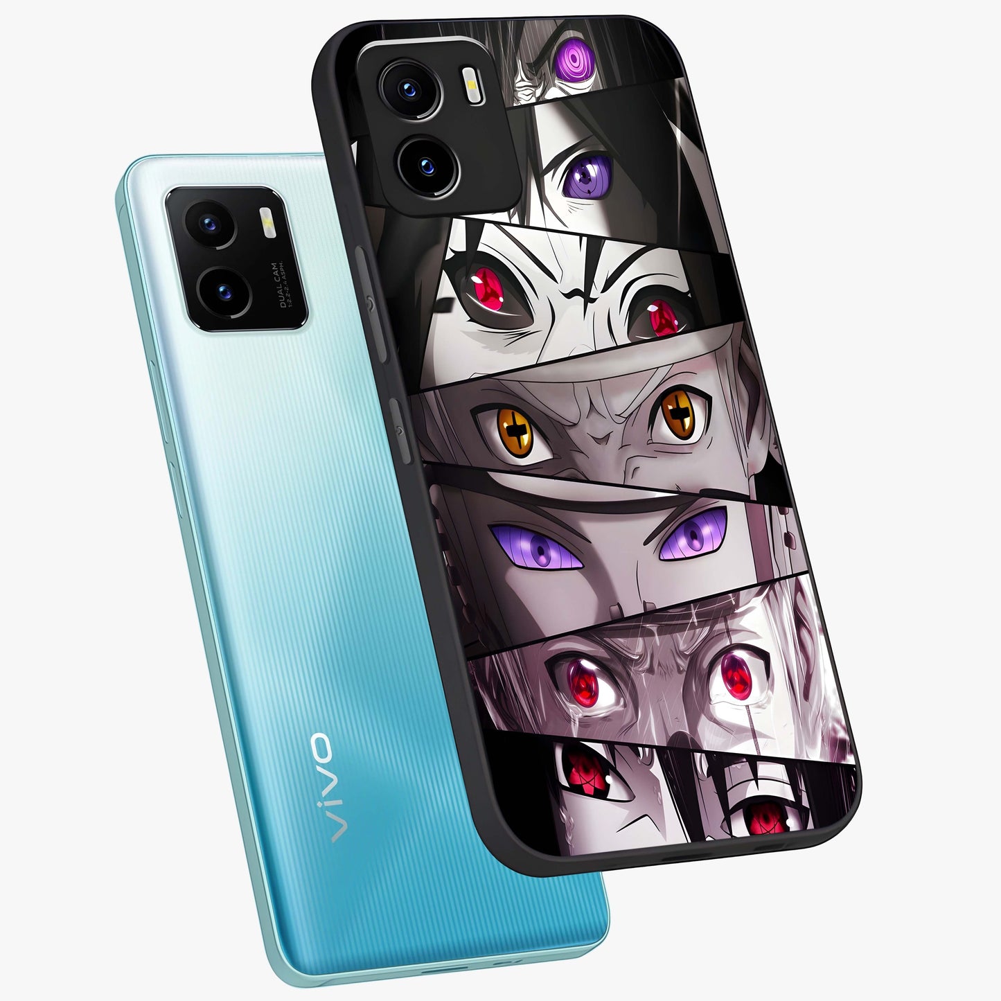Eyes of Destiny Glass Case displayed in angled mockup highlighting bold eye illustration with mystical aesthetic style.