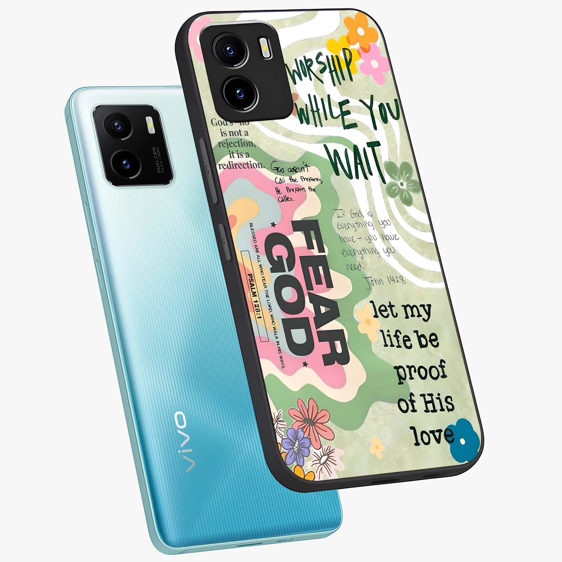 Faith Over Fear Glass Case displayed in angled mockup highlighting inspirational message design with modern aesthetic style.