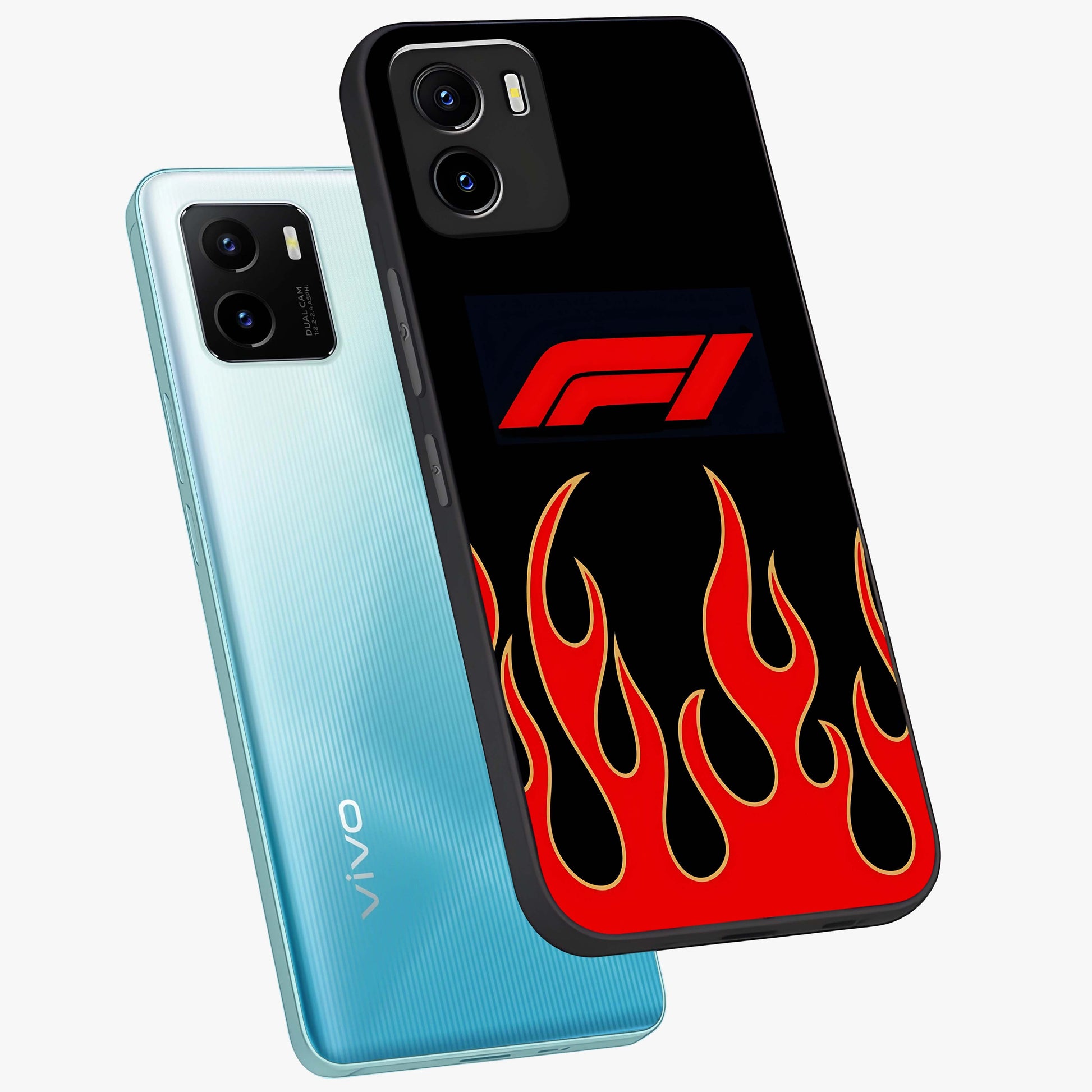 Fire F11 Glass Case displayed in angled mockup highlighting bold fire inspired graphic with energetic aesthetic style.