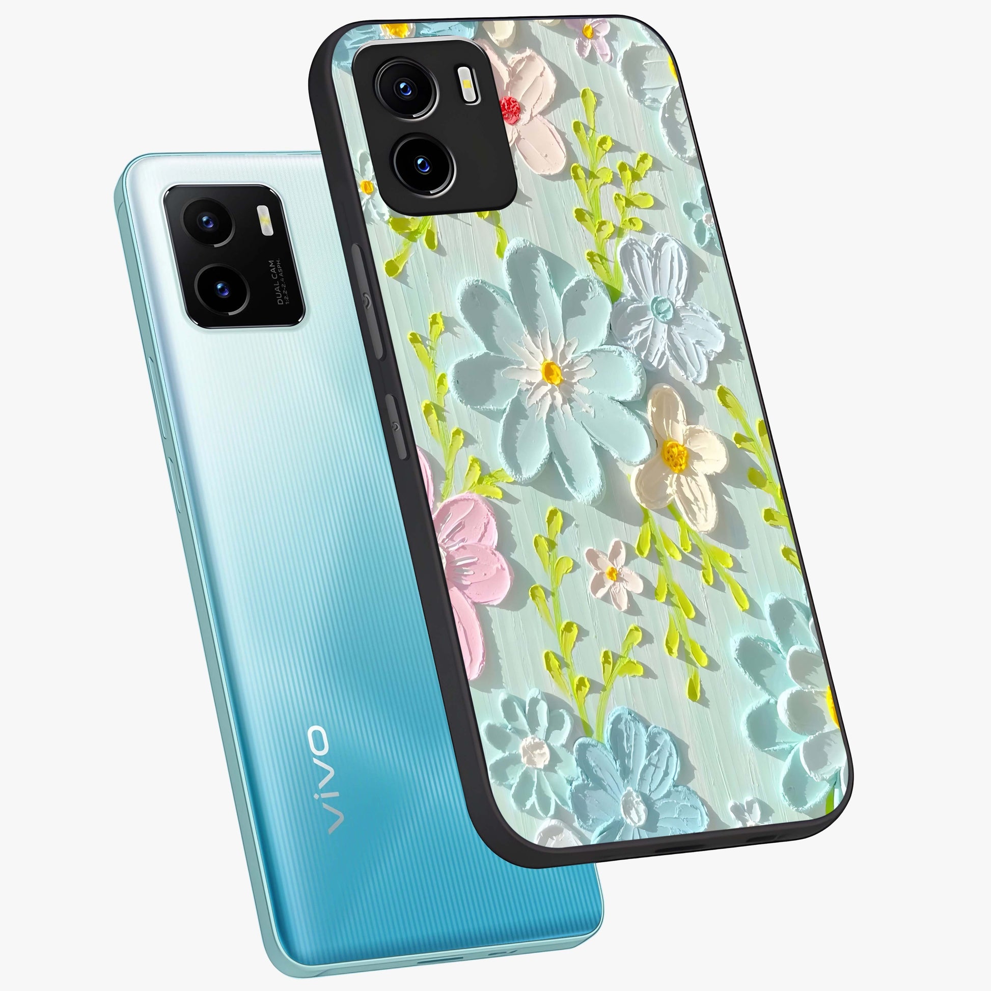 Frosted Petal Garden Glass Case displayed in angled mockup highlighting delicate flower petal design with calm garden aesthetic.